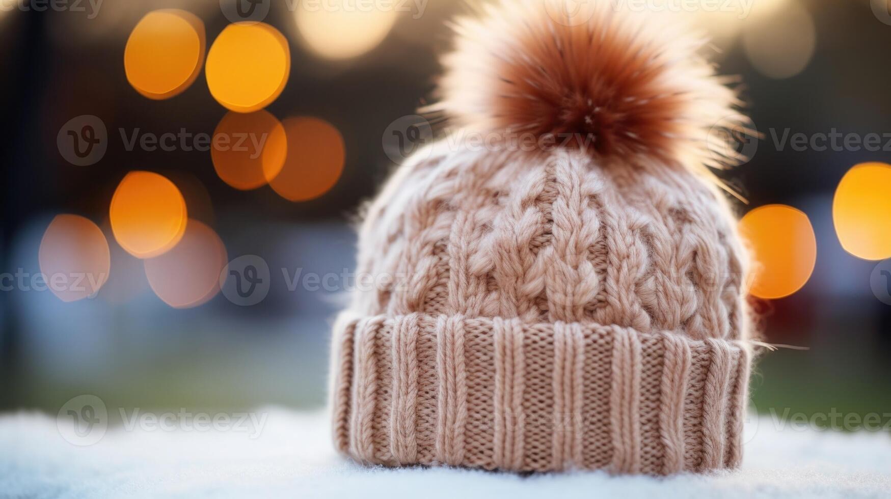 Closeup of a chunky knit beanie adorned with faux fur pom poms. photo