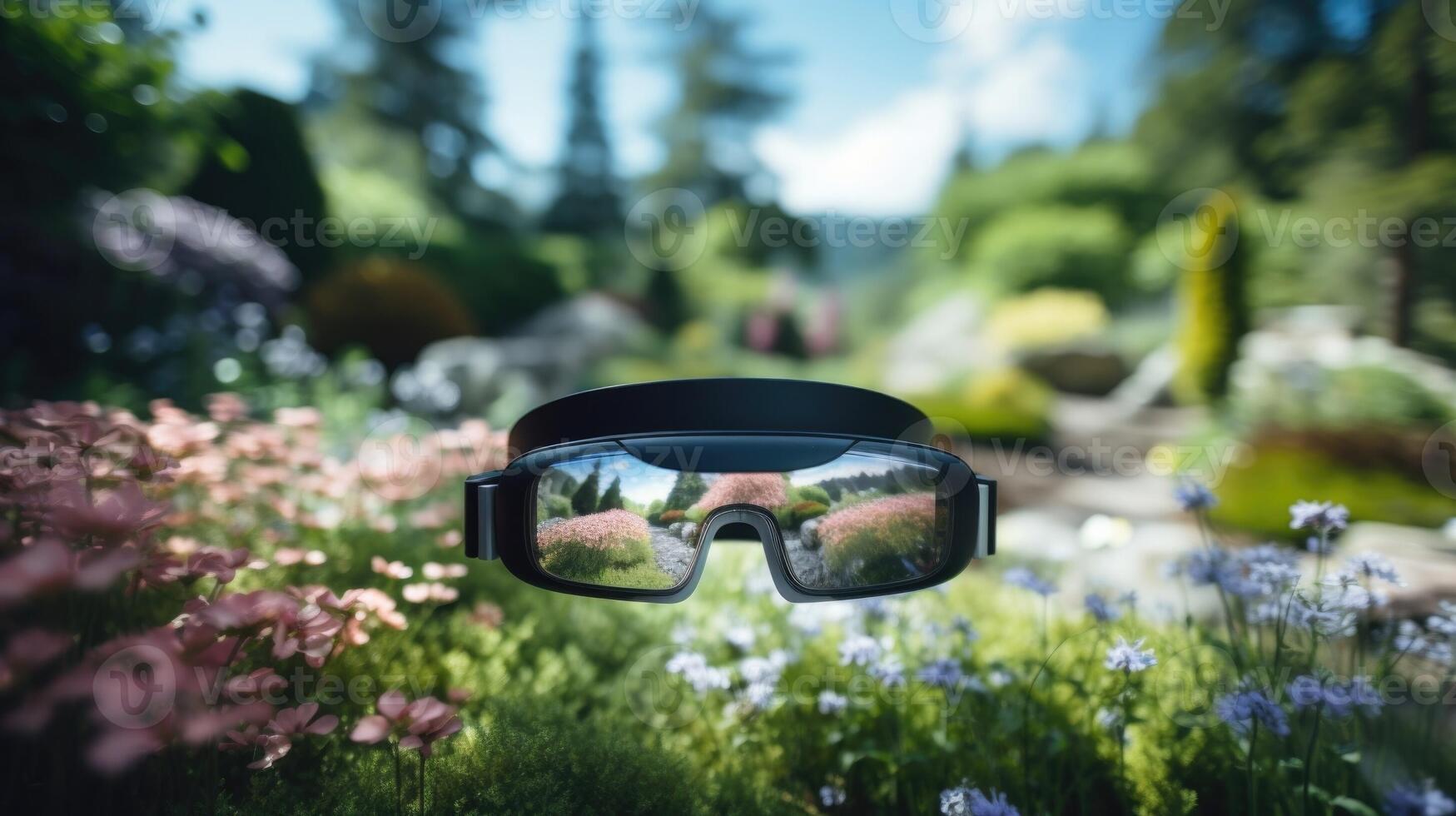 Closeup of a computer screen displaying a virtual reality simulation of a tranquil garden. photo