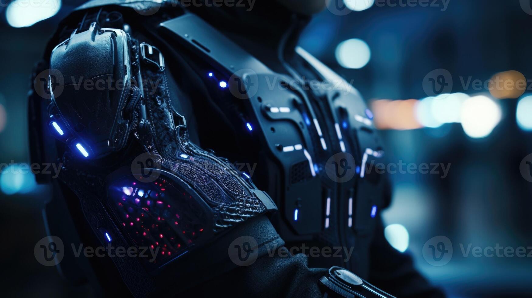 Closeup of a virtual reality haptic suit, covered in sensors that provide the user with realistic physical sensations in a digital world. photo