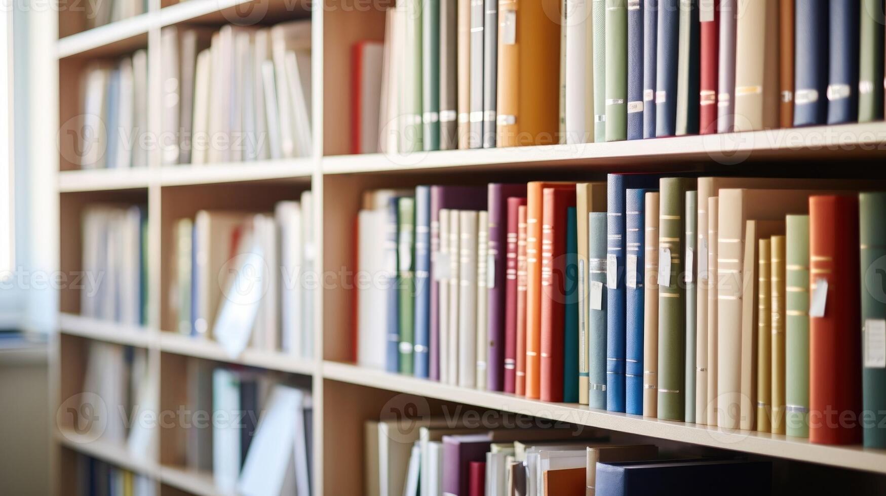 Closeup of a neatly arranged bookshelf, filled with reference books and folders for keeping important documents in a home office. photo