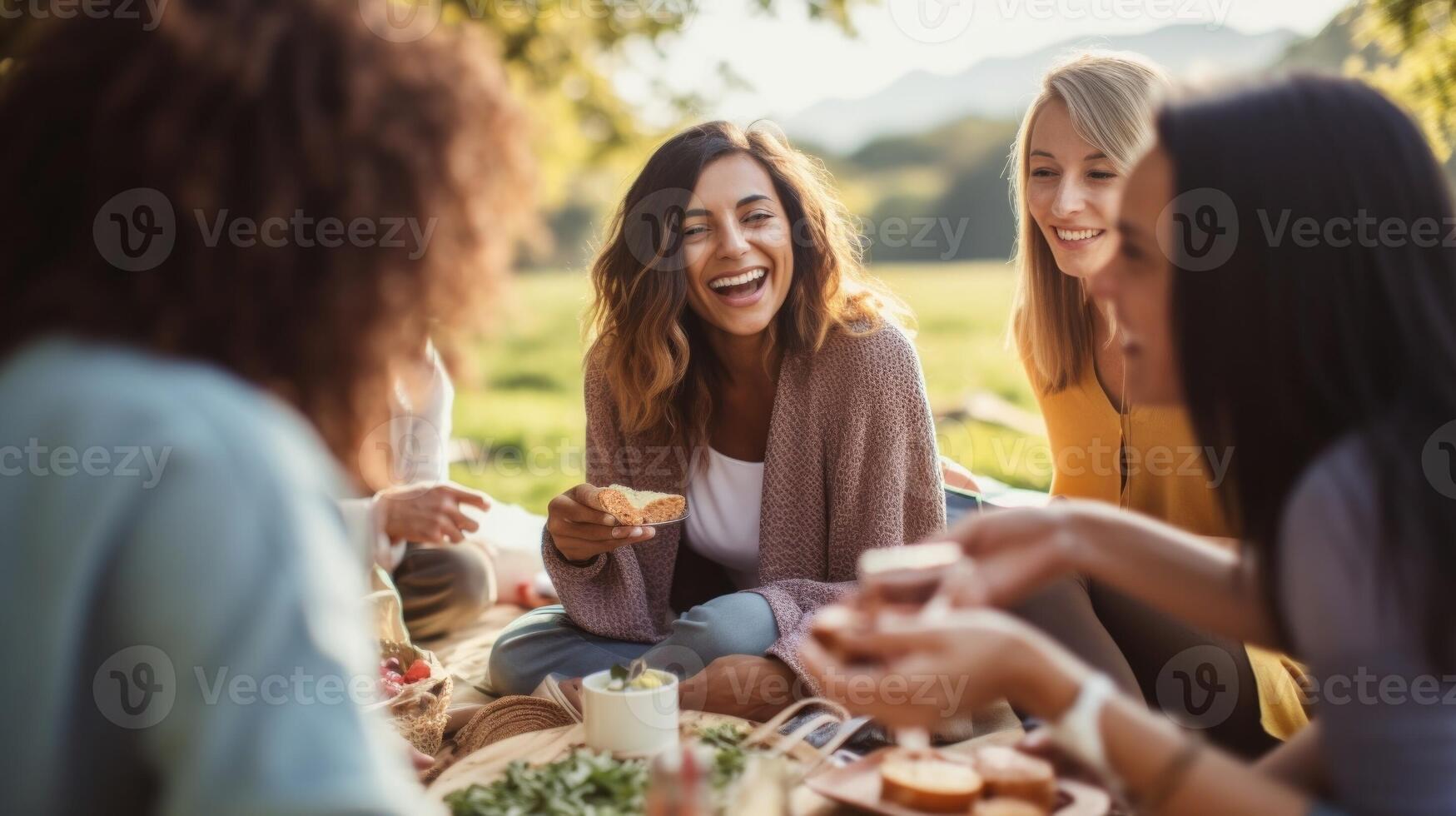 Closeup of a group of friends having a picnic, all wearing face masks. photo