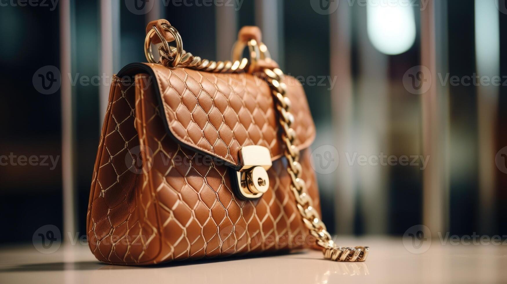 Up close shot of a structured tophandle bag, featuring a statementmaking chain link s and luxe diamondshaped hardware. photo