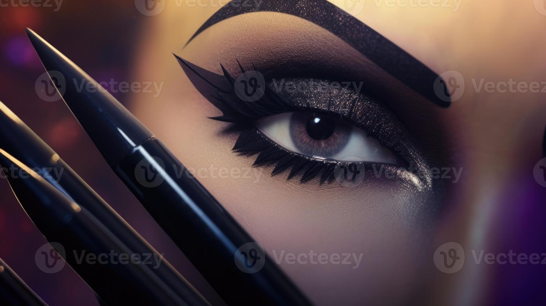 Closeup of a eyebrow pencil, shaping and defining brows to resemble the fierce arches of Angelina Jolies Maleficent character. photo