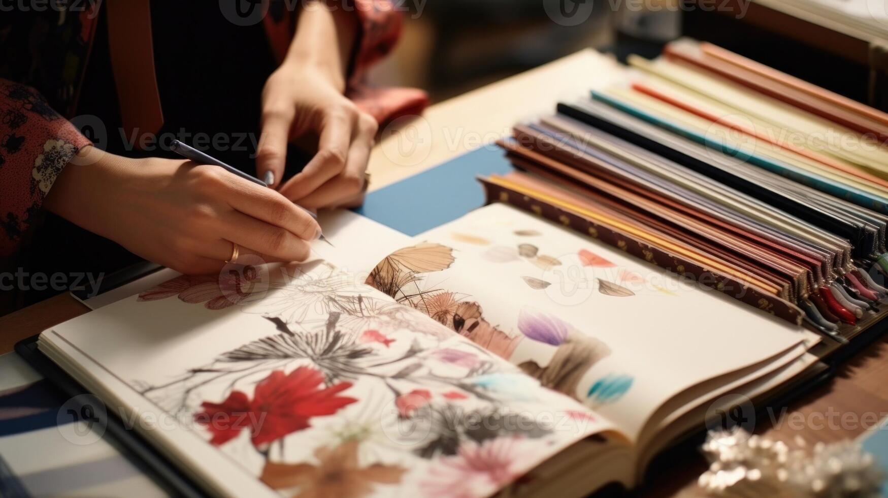 Up close view of designers sketchbook filled with handdrawn illustrations and fabric swatches for the new collection. photo