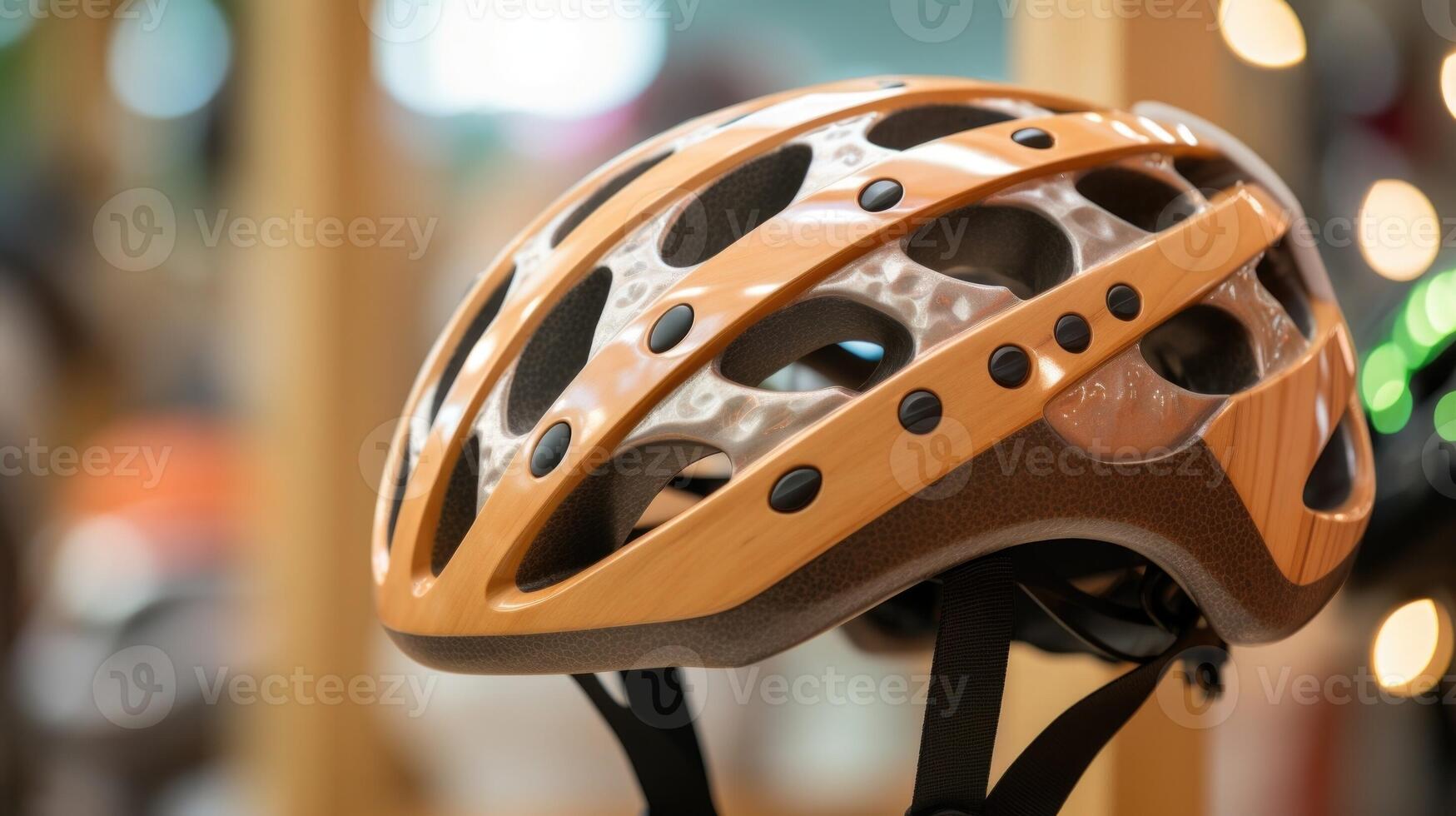 Closeup of an innovative bike helmet made from sustainable materials such as bamboo and recycled plastic. photo
