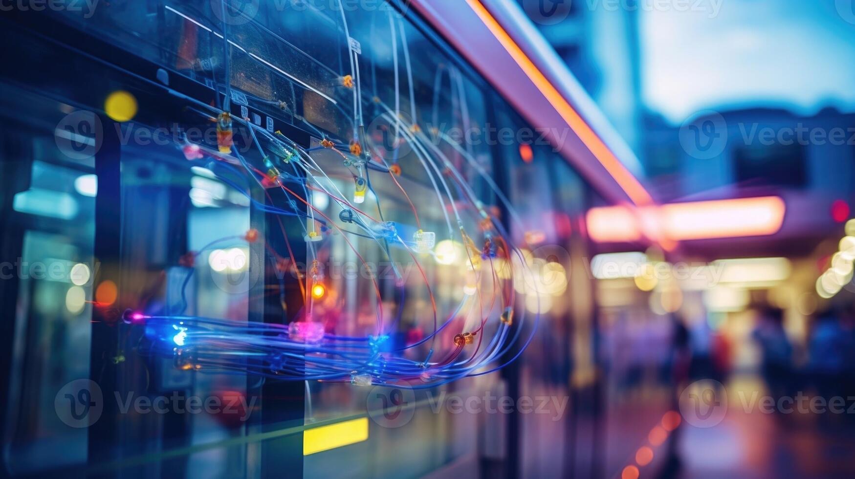 Detailed image of the intricate wires and technology under the hood of an electric bus photo