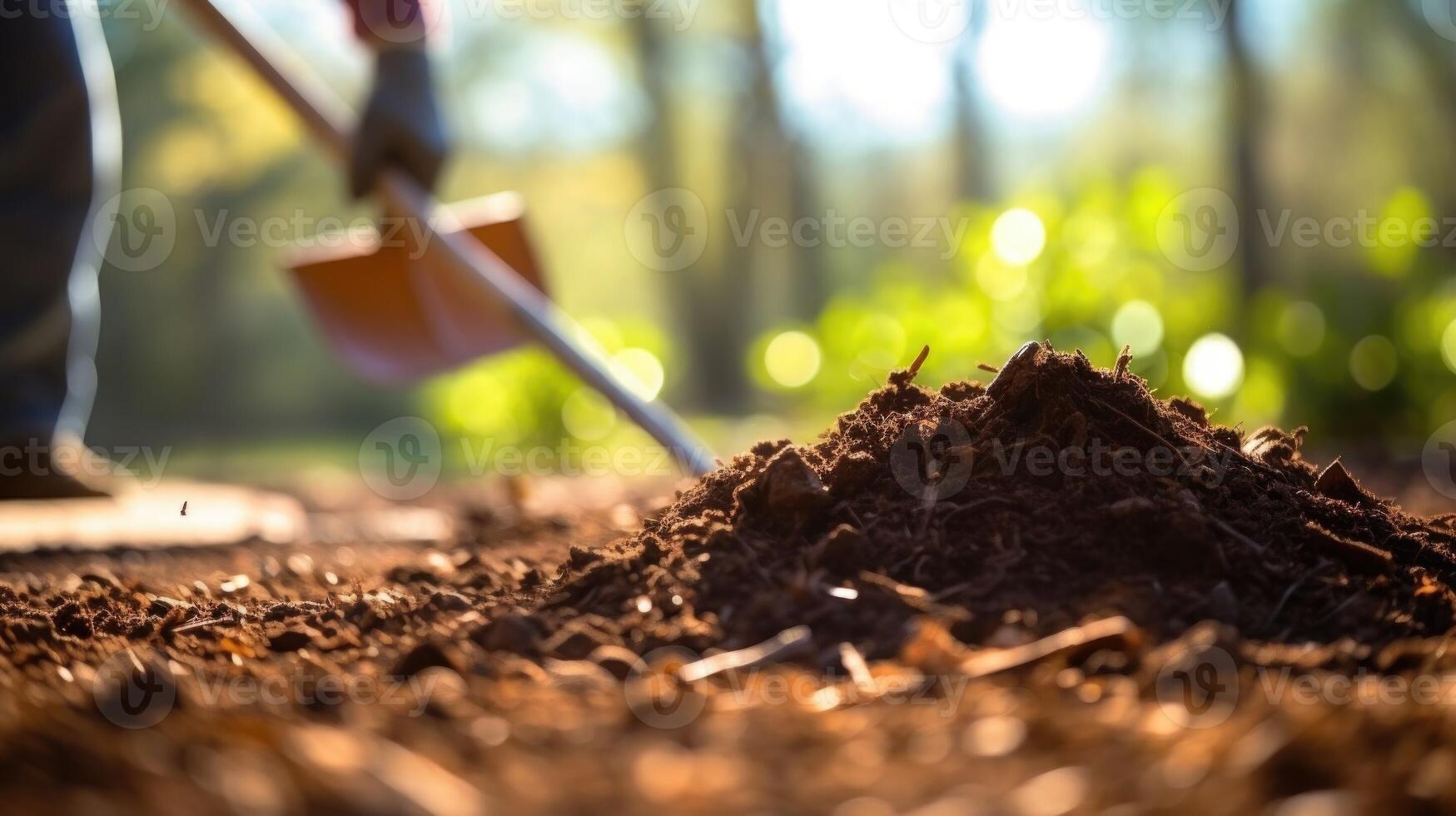 Closeup of a shovel being plunged into a pile of mulch by a young volunteer, ready to spread it around newly planted trees. photo
