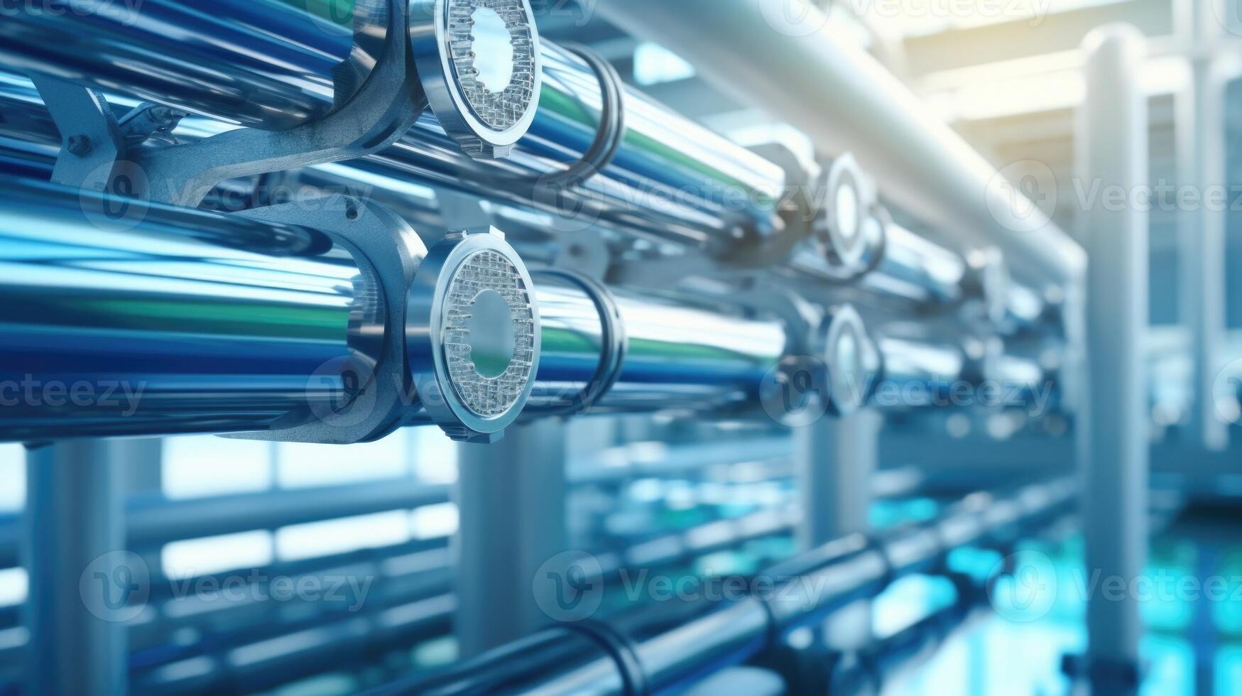 Closeup of a water treatment plant with large silver pipes and filters photo