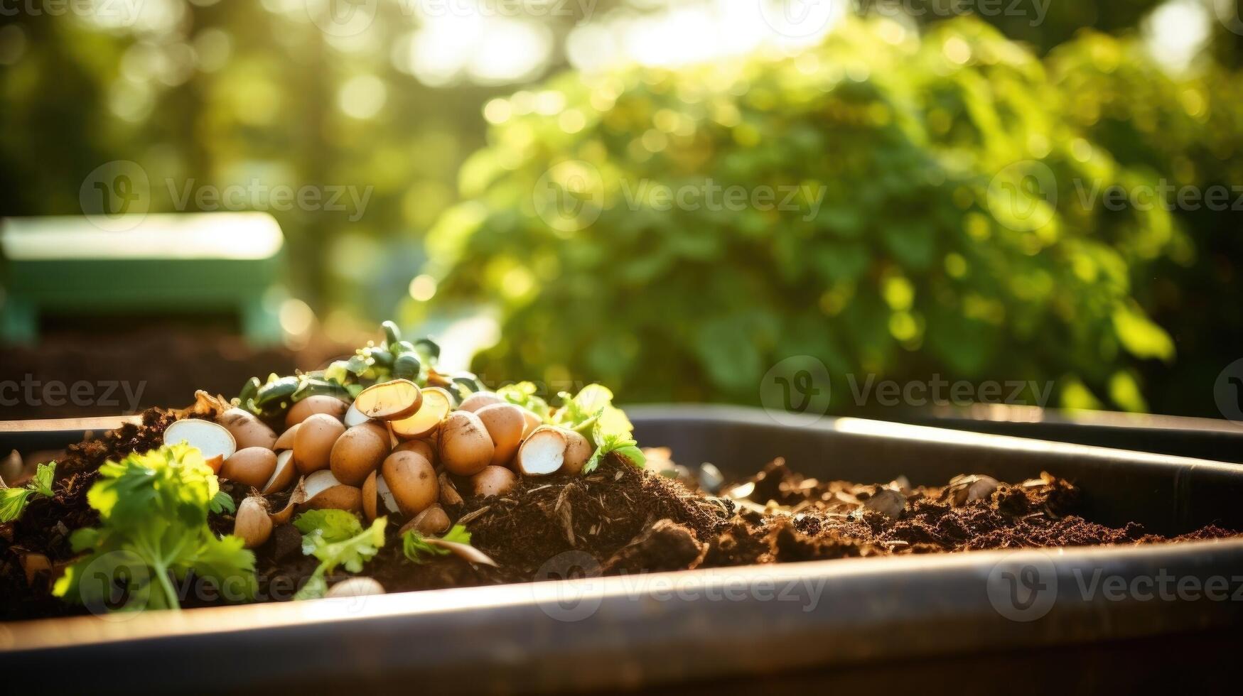 Macro image of a compost bin, representing the use of sustainable practices to reduce waste and promote renewable resources. photo