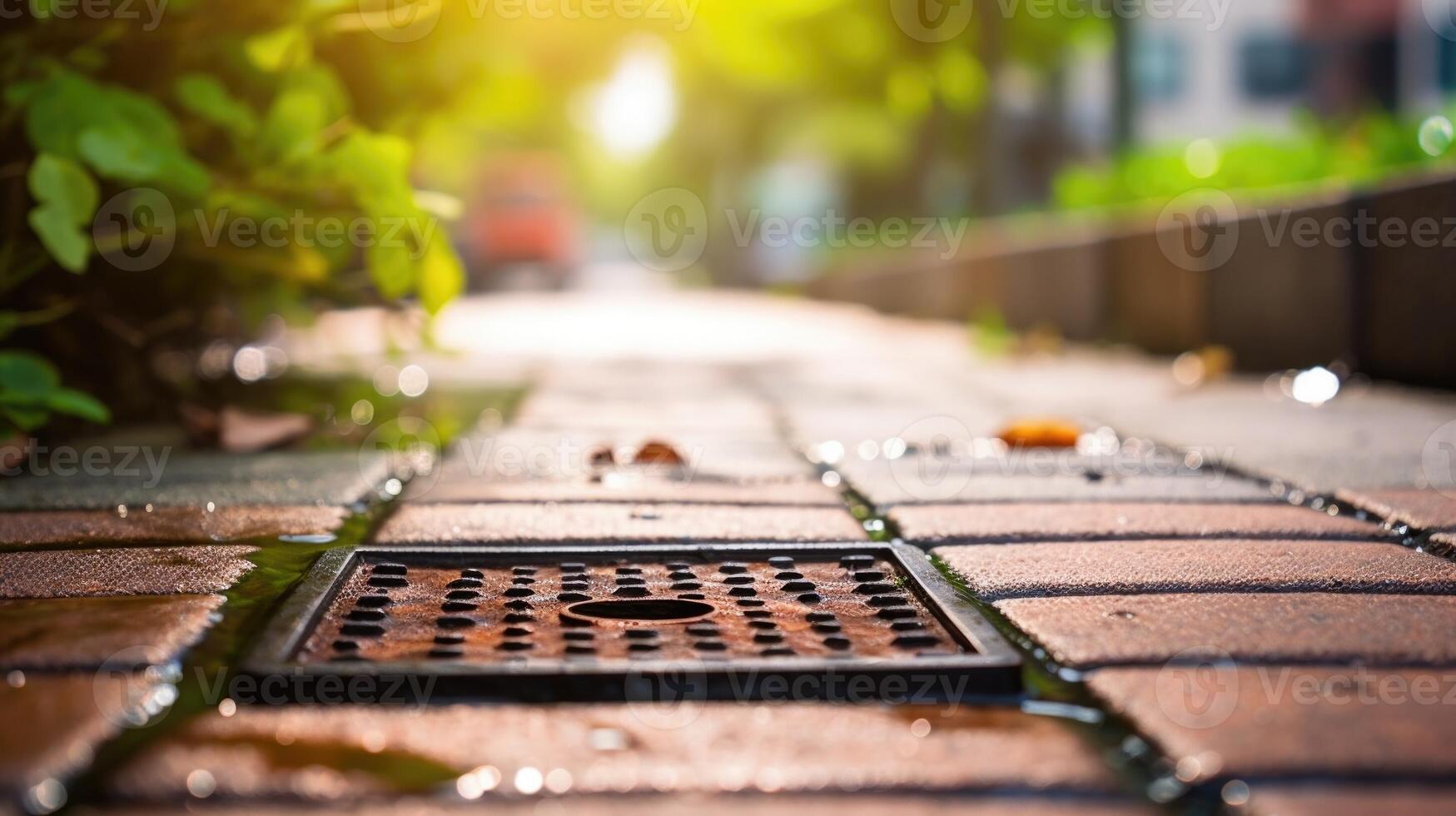 Closeup of a small groundlevel catch basin used for collecting rainwater. photo
