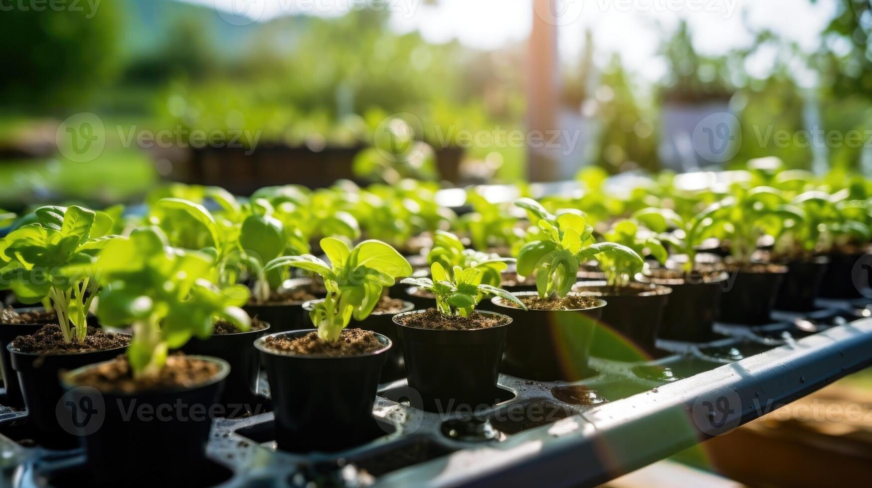 Closeup of a row of potted herbs, being watered by a drip irrigation system in an automated home gardening system. photo