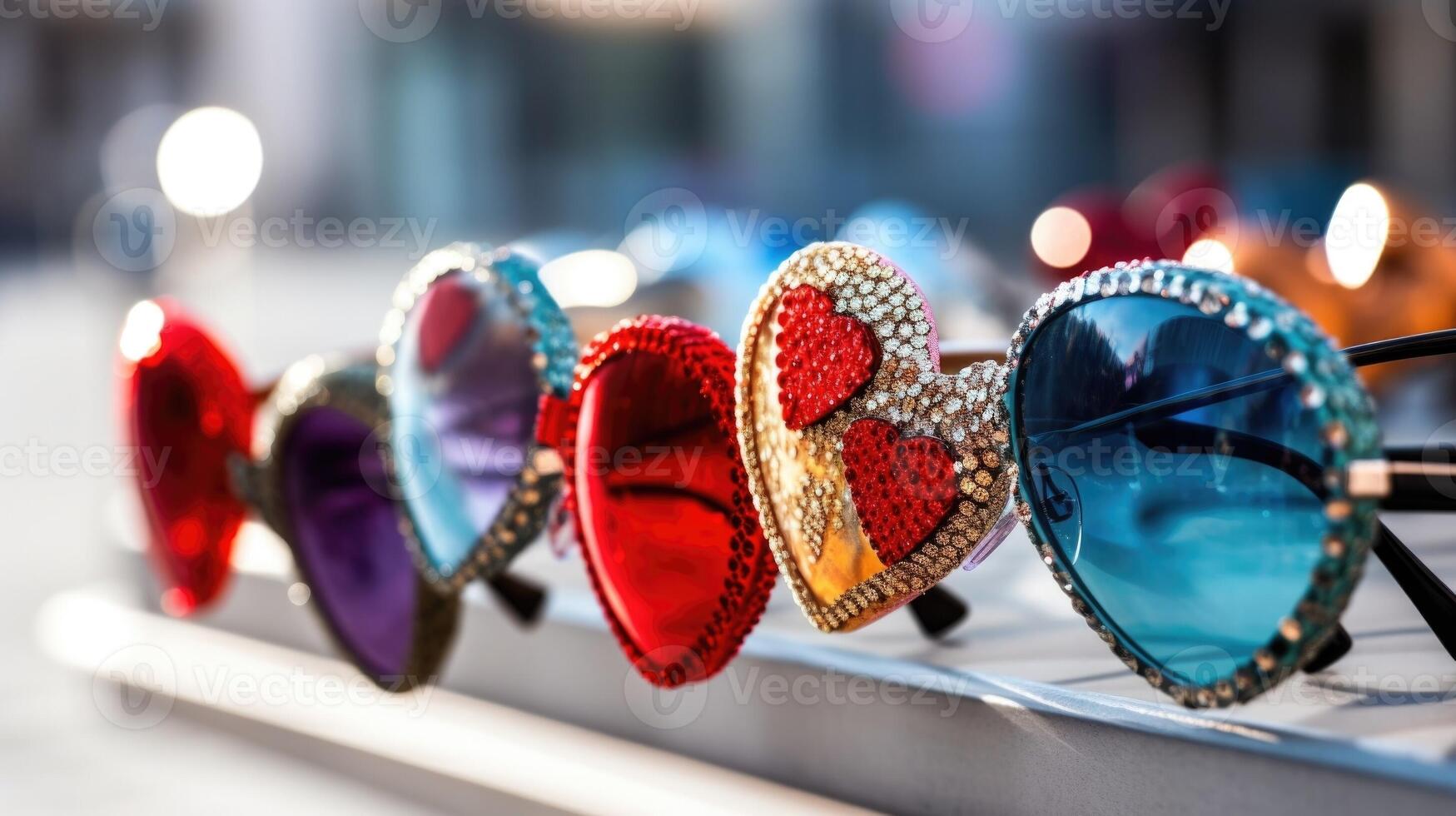 Closeup of a collection of funky heartshaped sunglasses in various colors and patterns. photo
