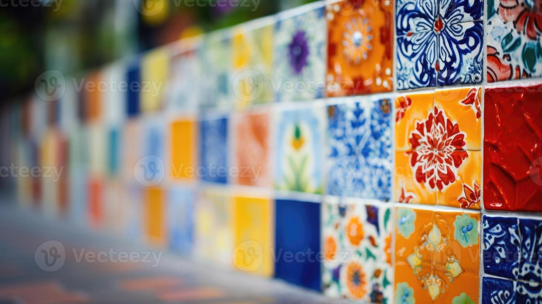 Closeup of a wall covered in handpainted ceramic tiles, created by members of a neighborhood art group. photo