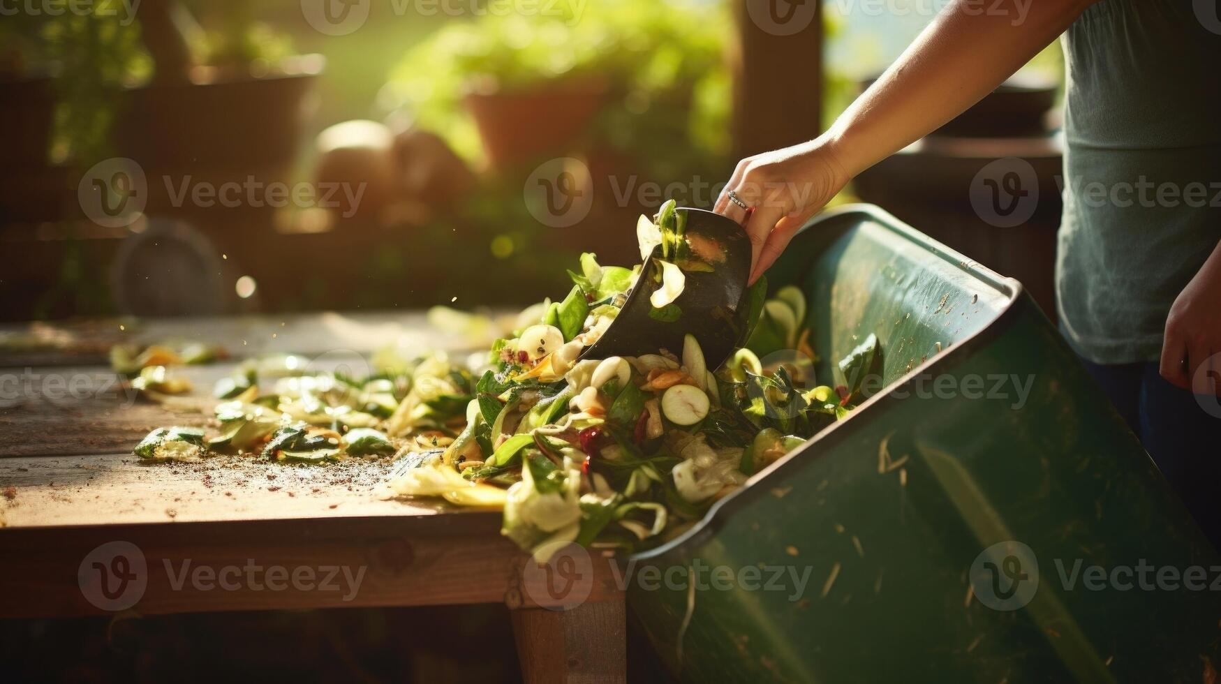 Macro image of a hand dropping food ss into a green kitchen compost bin. photo