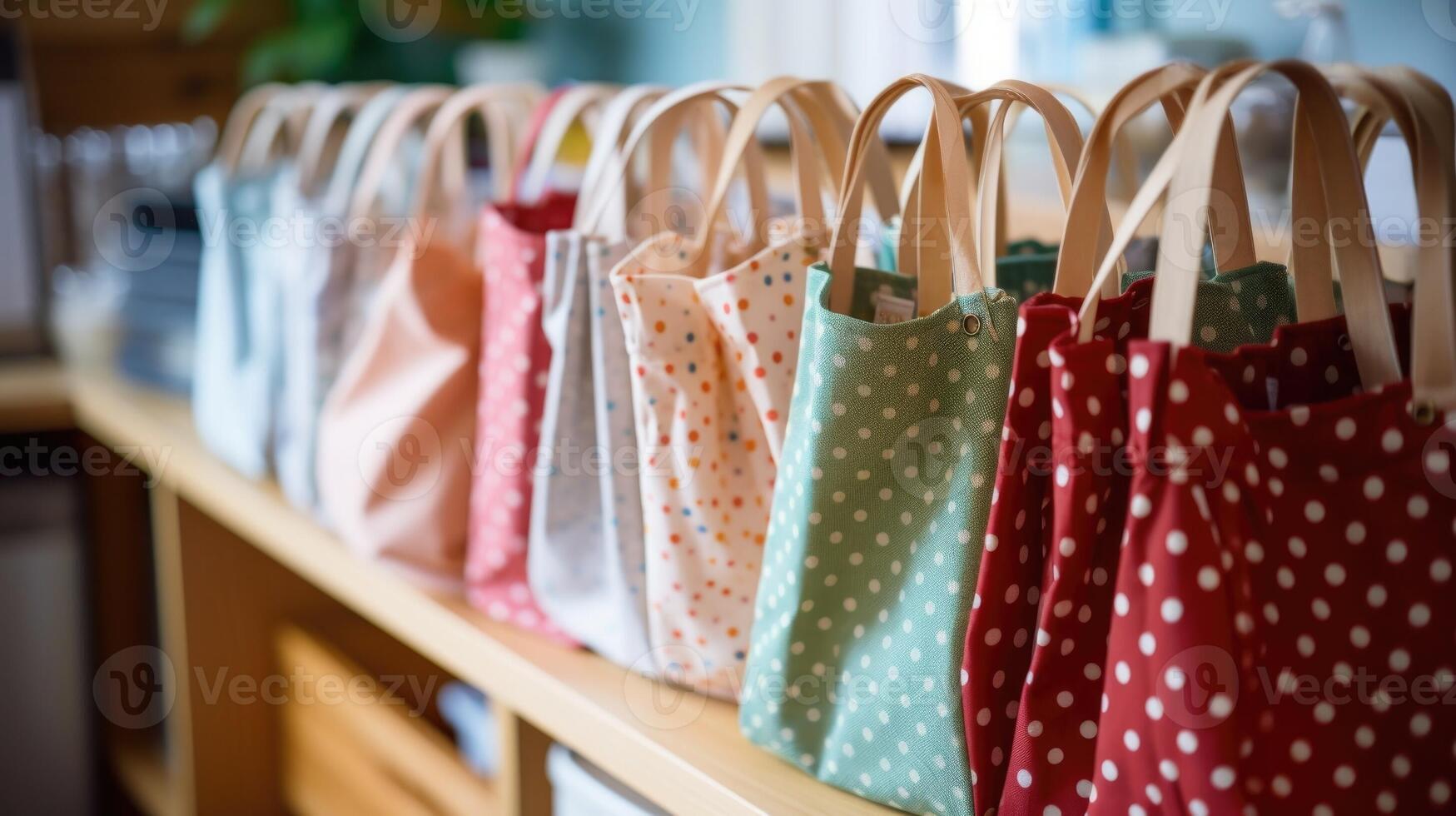 Closeup of a set of cloth reusable bags sitting on a kitchen counter ready to be taken to the store. photo