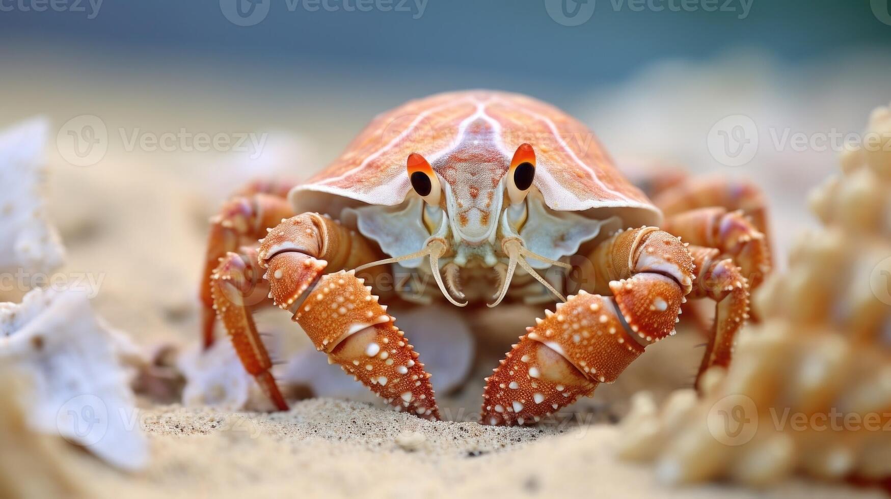 Closeup of a hermit crab peeking out of its intricately patterned shell. photo