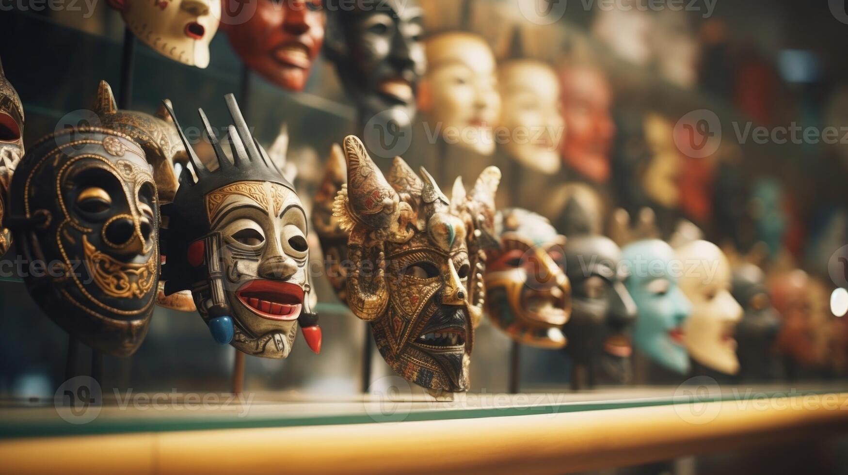 Closeup of a display of ornate masks from different cultures at a cultural museum. photo