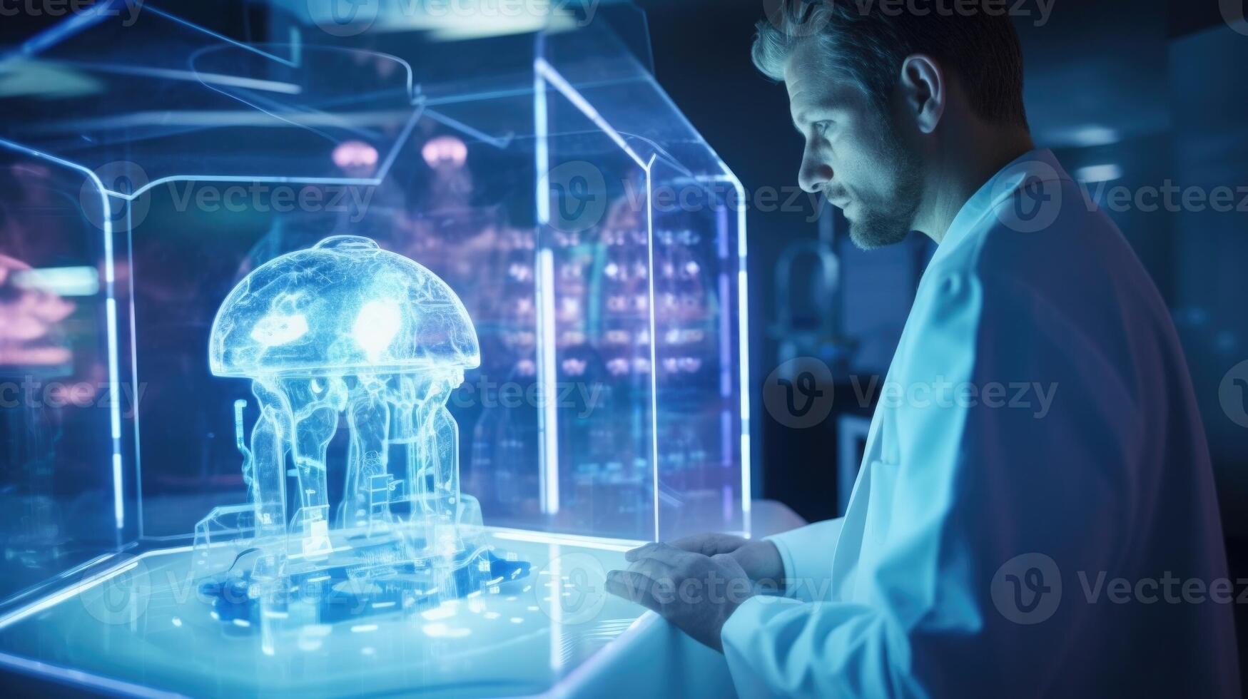 Up close shot of a medical expert examining a detailed 3D model of a patients on a holographic display. photo