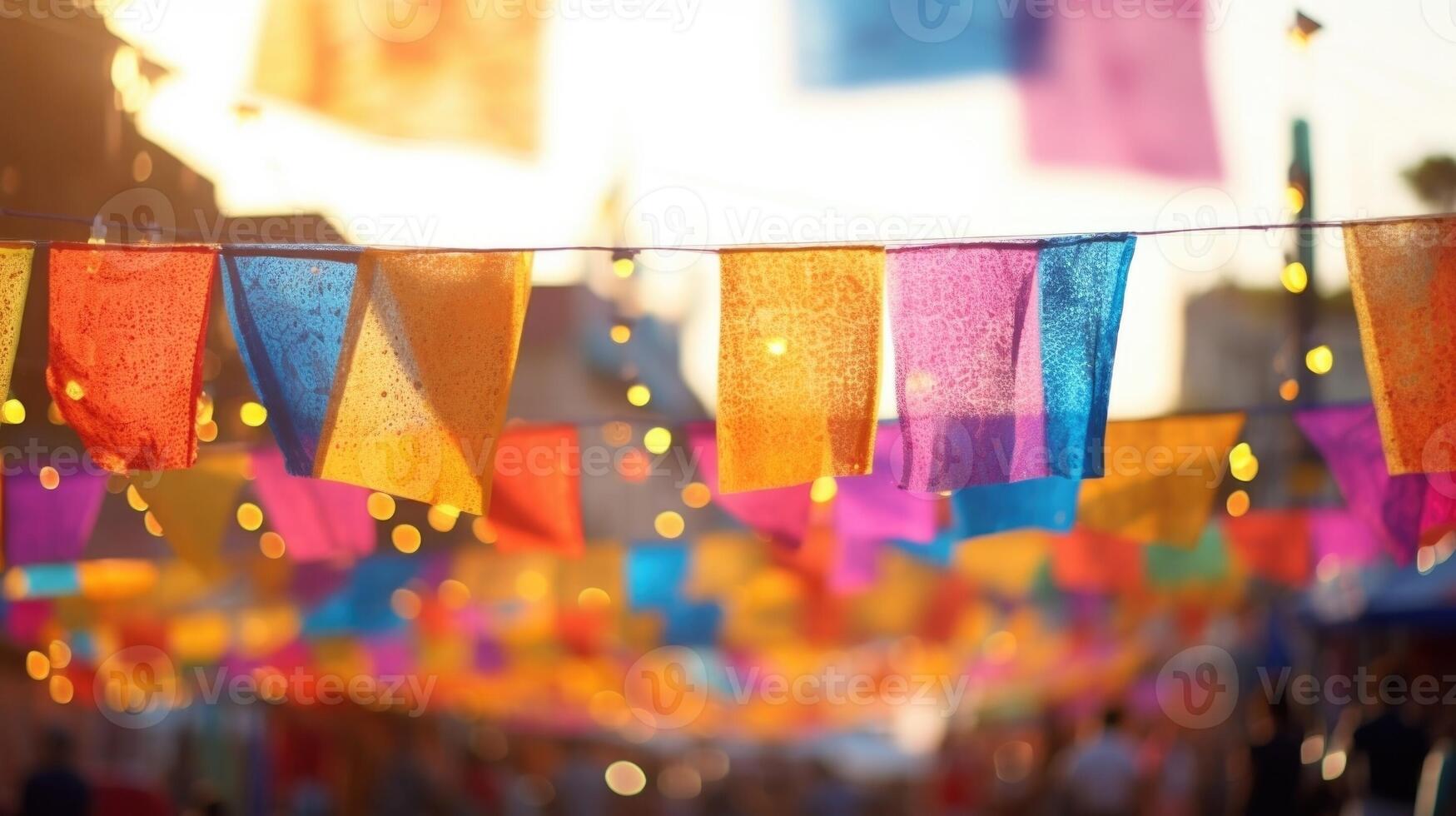 Closeup of colorful festival banners fluttering in the wind, setting the lively and festive mood. photo
