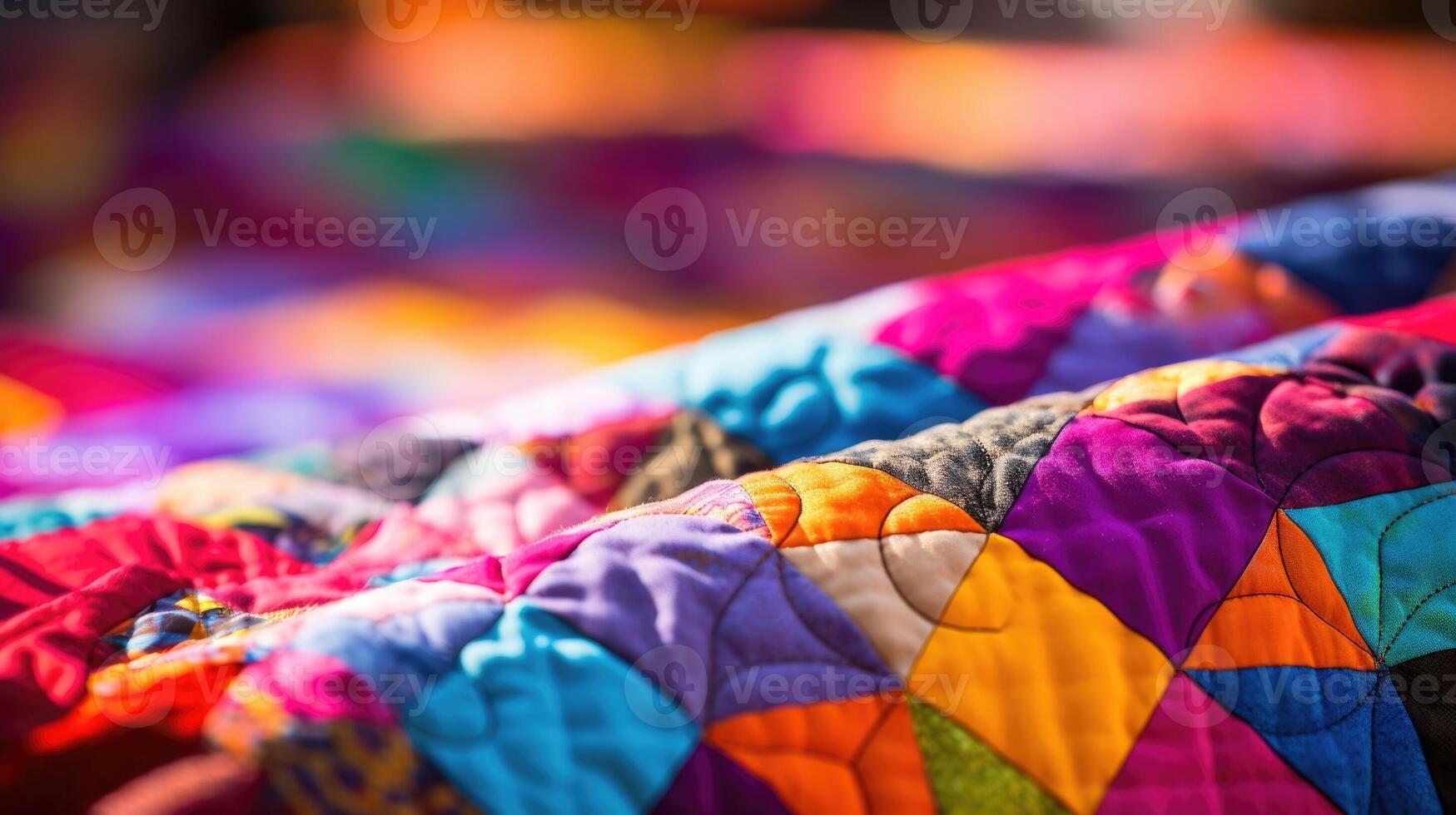 Closeup of a vibrant handmade quilt, stitched together by members of a local quilting club for a community fundraiser. photo
