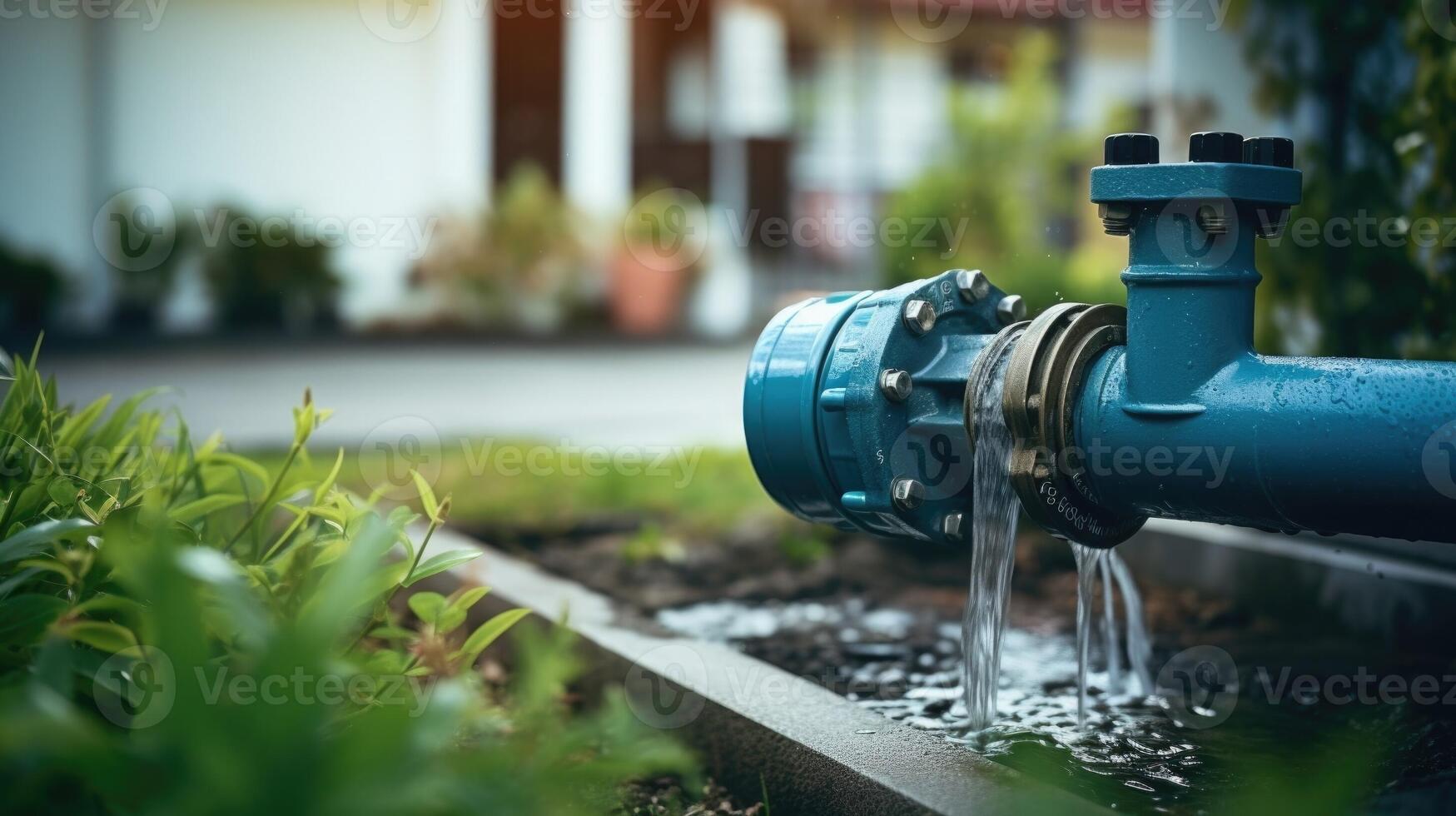 Closeup of a pumping mechanism in a rainwater harvesting system, providing a reliable source of water for irrigation and other purposes. photo