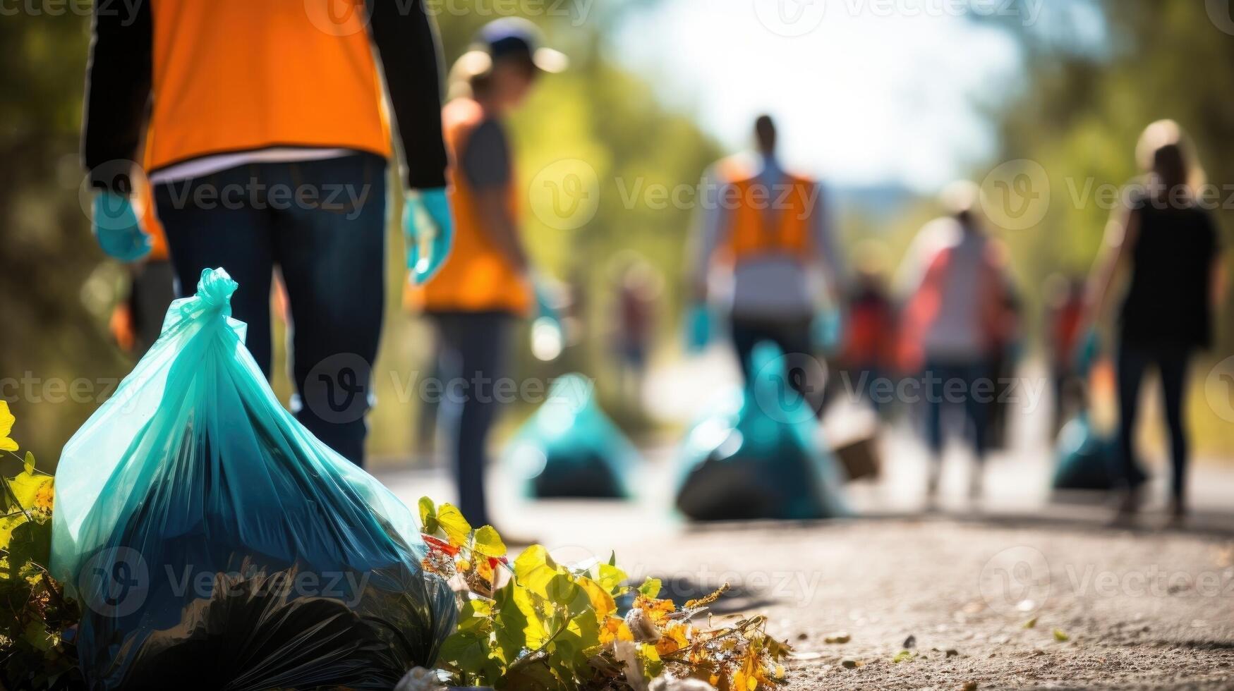 Closeup of a neighborhood cleanup event where participants are picking up trash and debris. photo