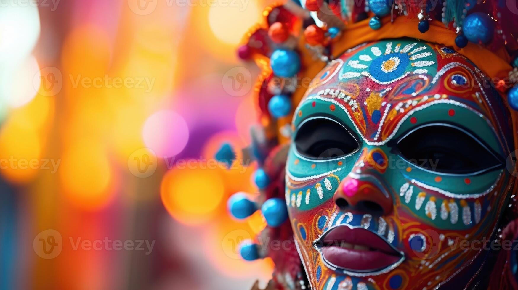 Closeup of a vibrant, handpainted festival mask, representing cultural traditions and celebrations. photo