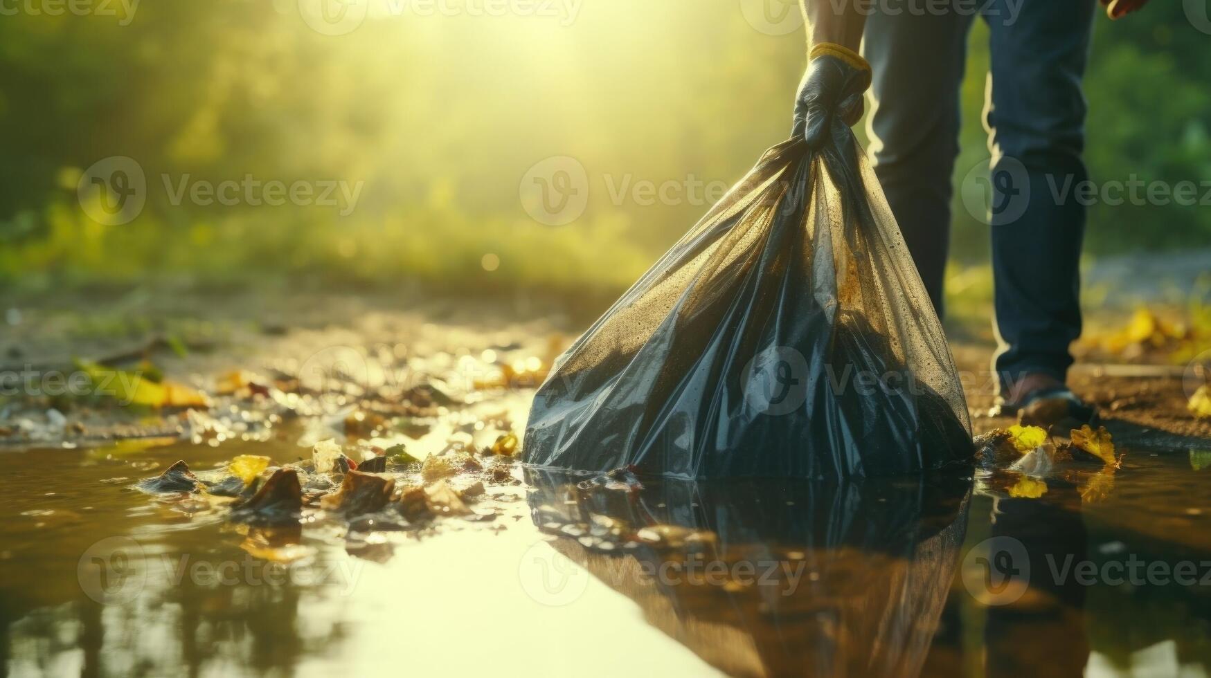 Closeup of a garbage bag being by a volunteers hand, after picking up litter around a local pond. photo