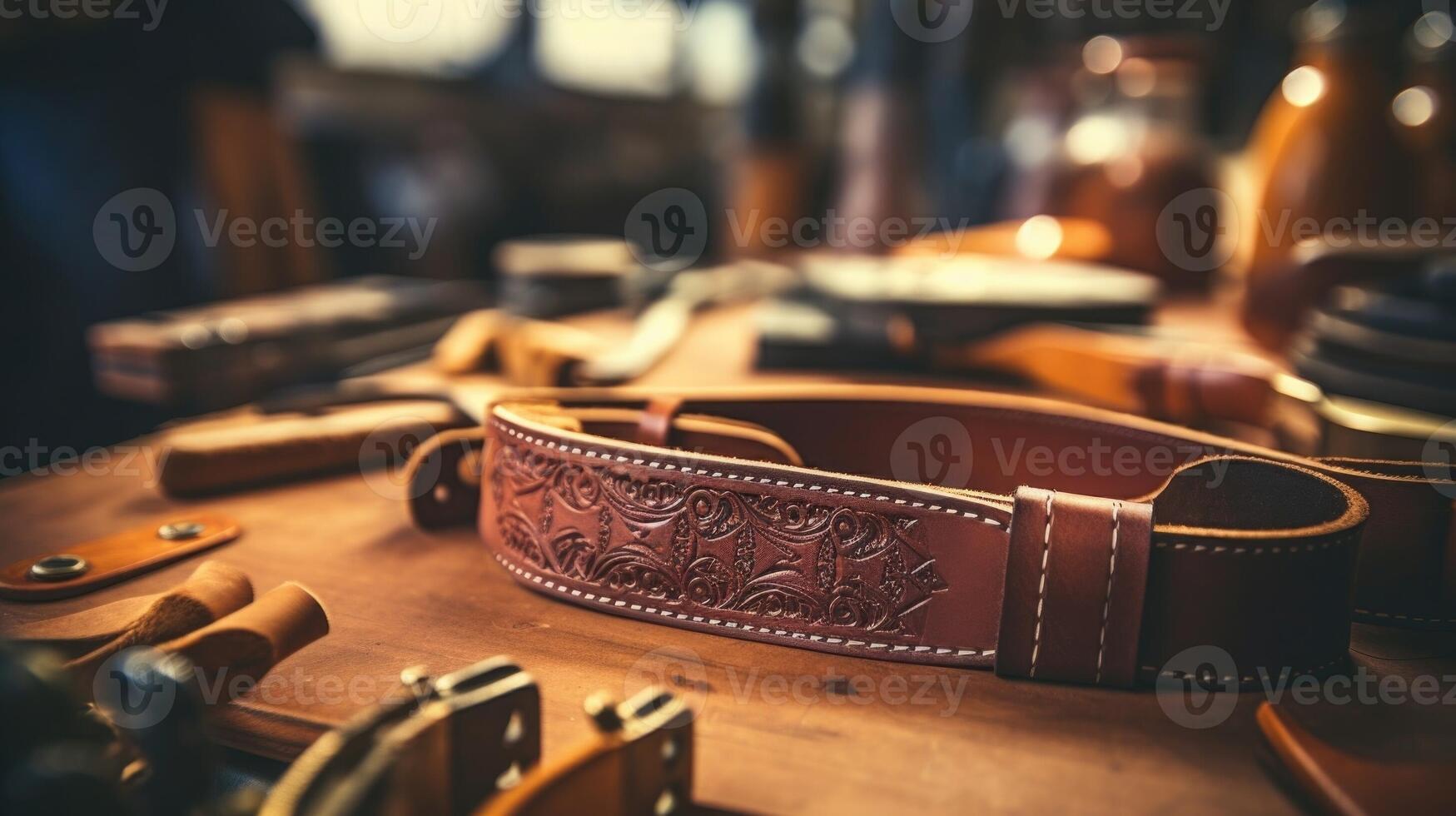 Closeup of a leatherworkers tools creating detailed designs on a belt. photo