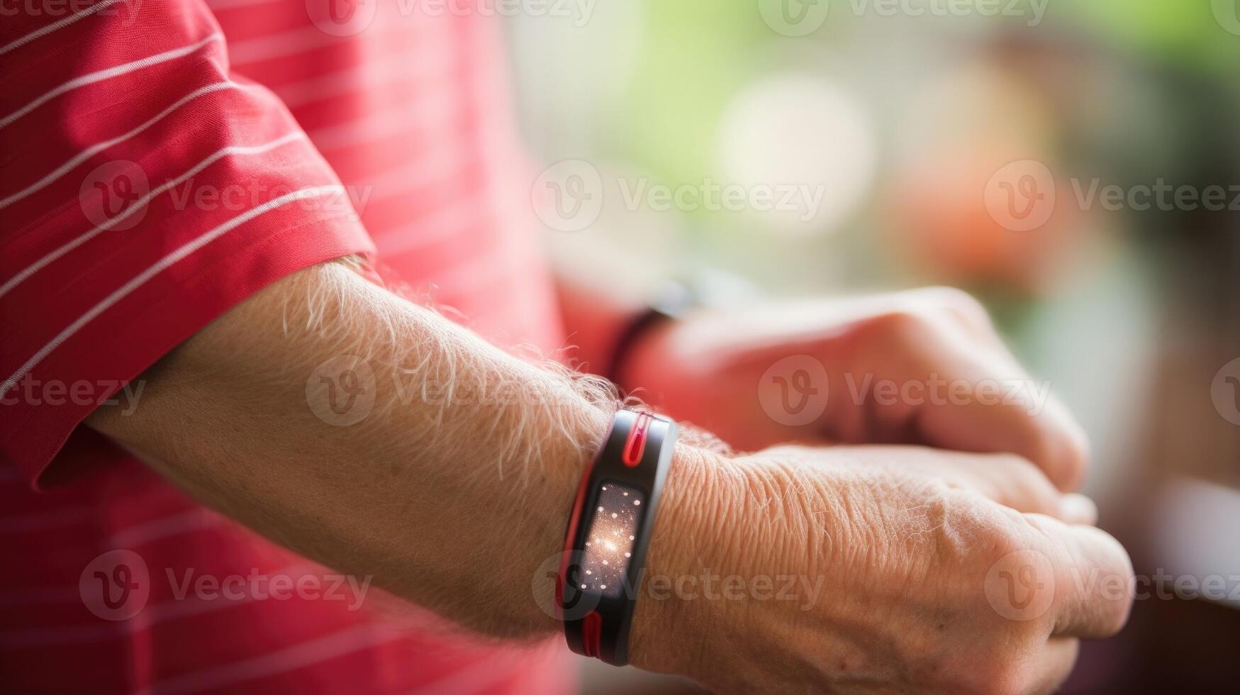 Macro closeup of an elderly persons wrist with a fitness tracker bracelet, linked to a health monitoring app. photo
