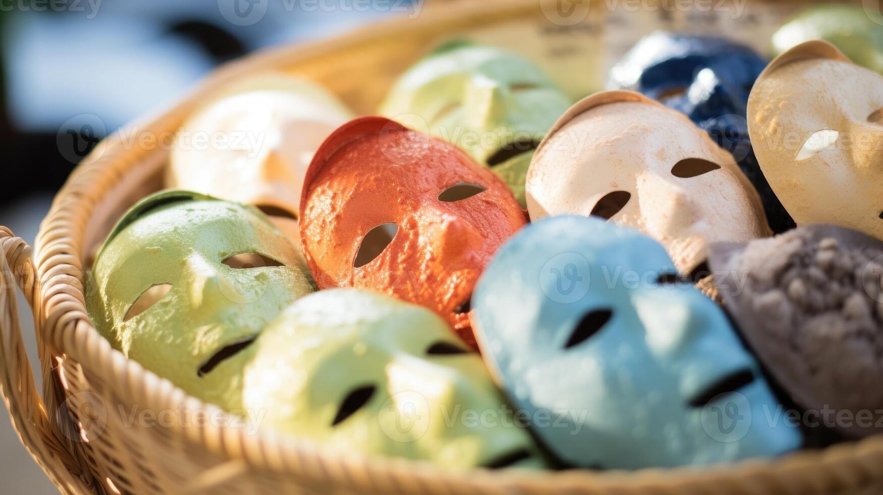 Closeup of a basket filled with an array of enticing face masks, each one promising to rejuvenate and nourish the skin. photo