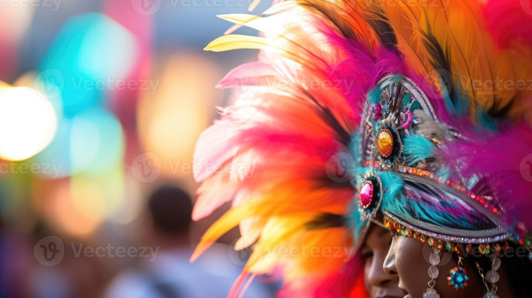 Closeup of a decorated hat adorned with feathers, worn by one of the energetic performers. photo