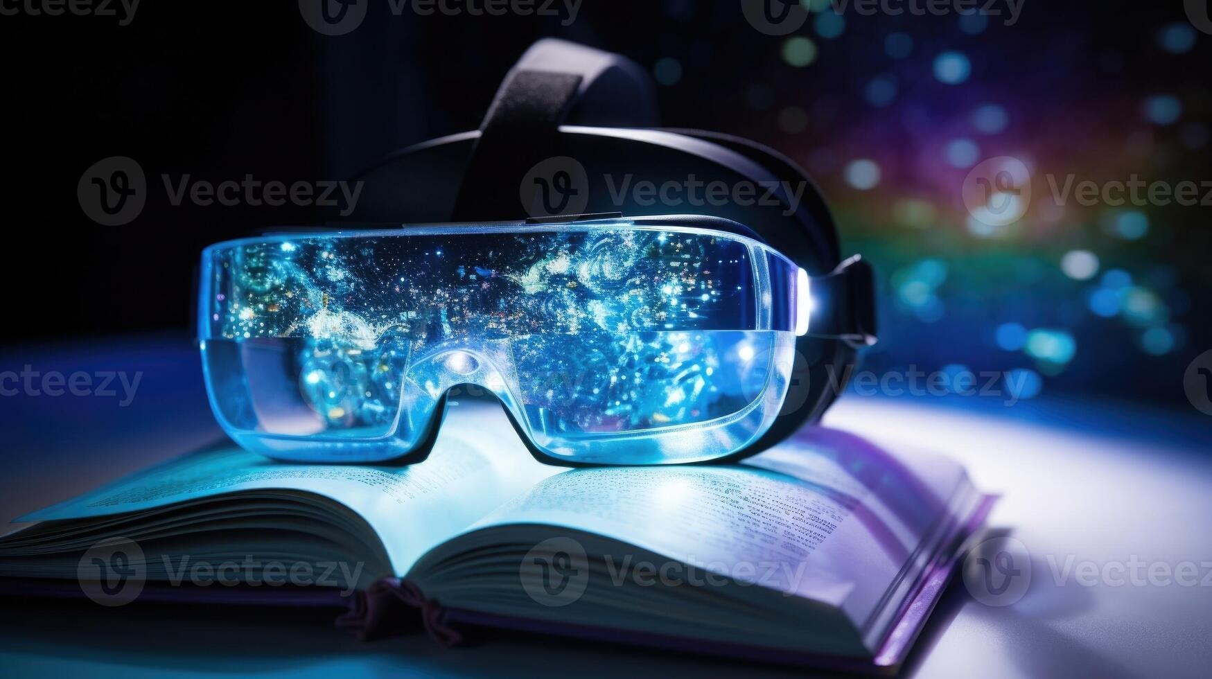 Macro shot of a virtual reality textbook, featuring interactive simulations and images for immersive learning. photo
