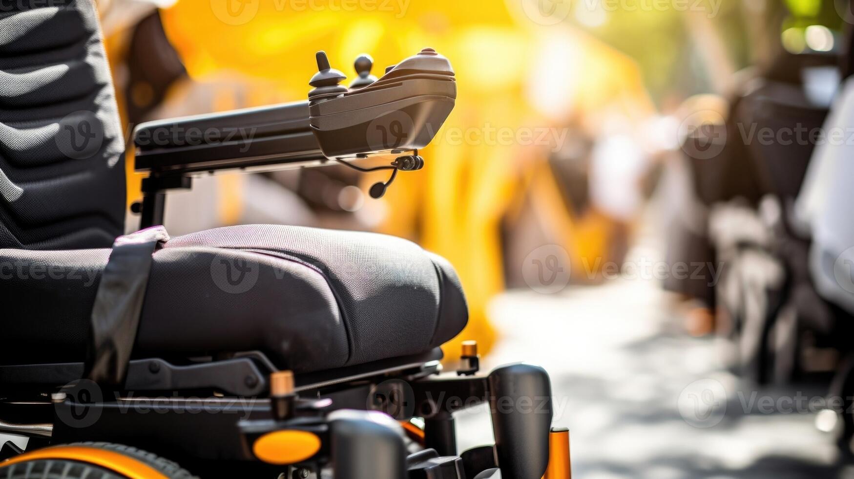 Closeup of advanced electric wheelchair with customizable seating and reclining options photo