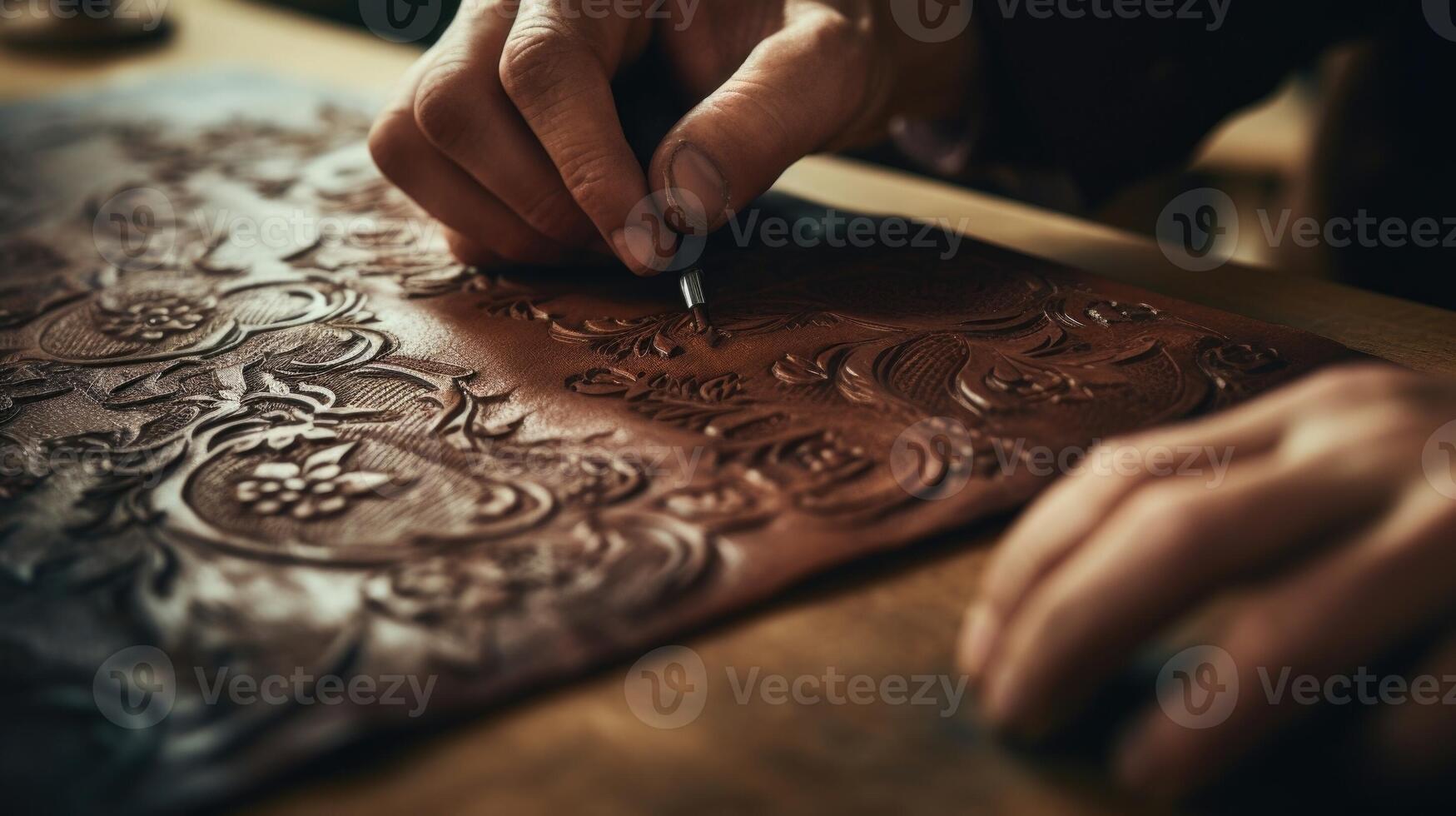 Closeup of aged leather being meticulously handtooled and stamped with intricate designs. photo