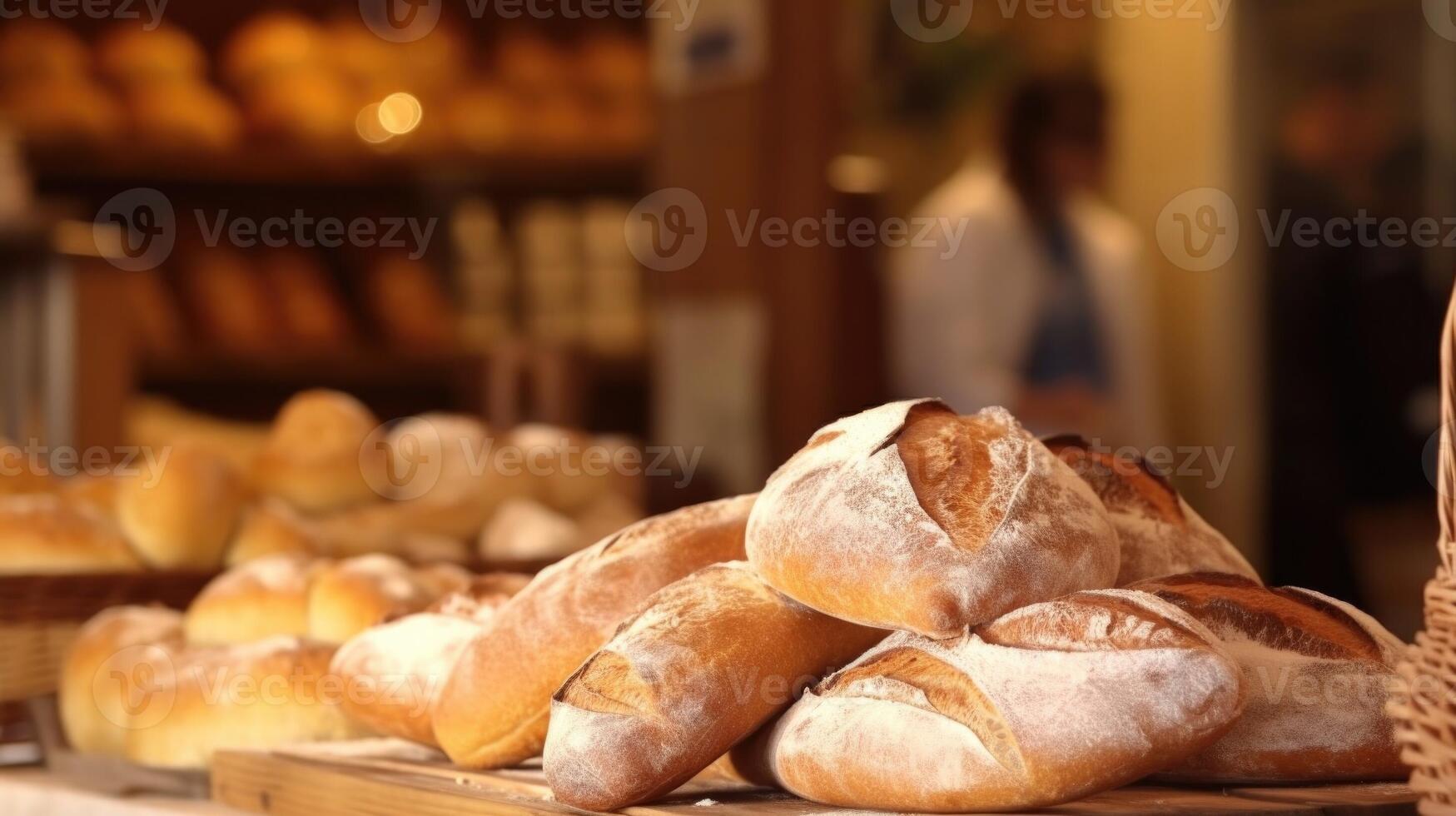 Closeup of freshly baked bread and pastries in a quaint bakery tucked away in the marketplace. photo