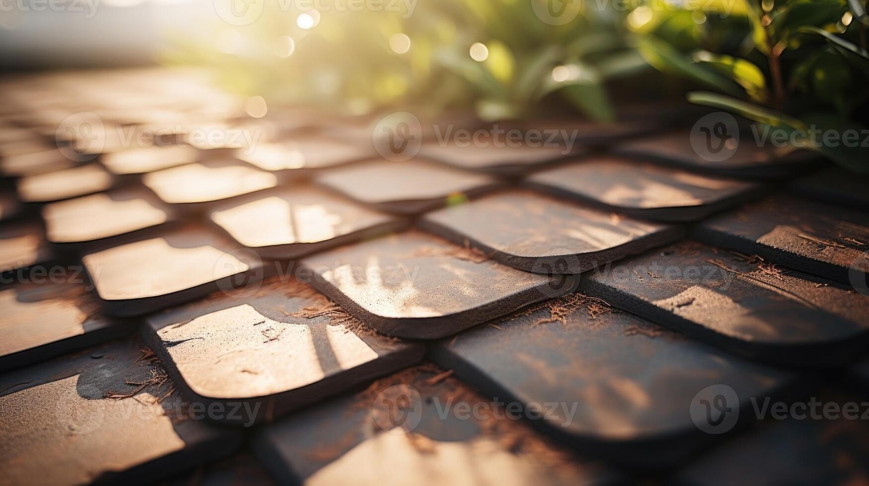 Detailed shot of a roofing tile made from sustainable materials, highlighting its ecofriendly features. photo