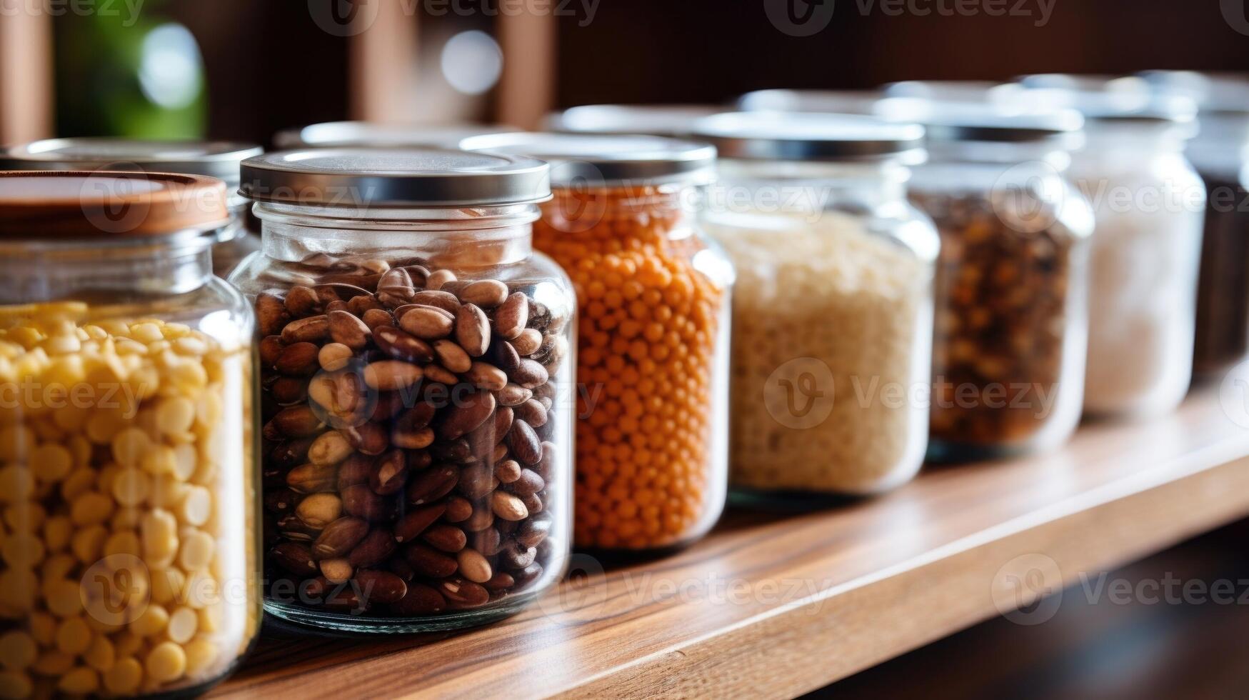 Closeup of a collection of glass jars filled with bulk pantry staples like rice, beans, and nuts. photo