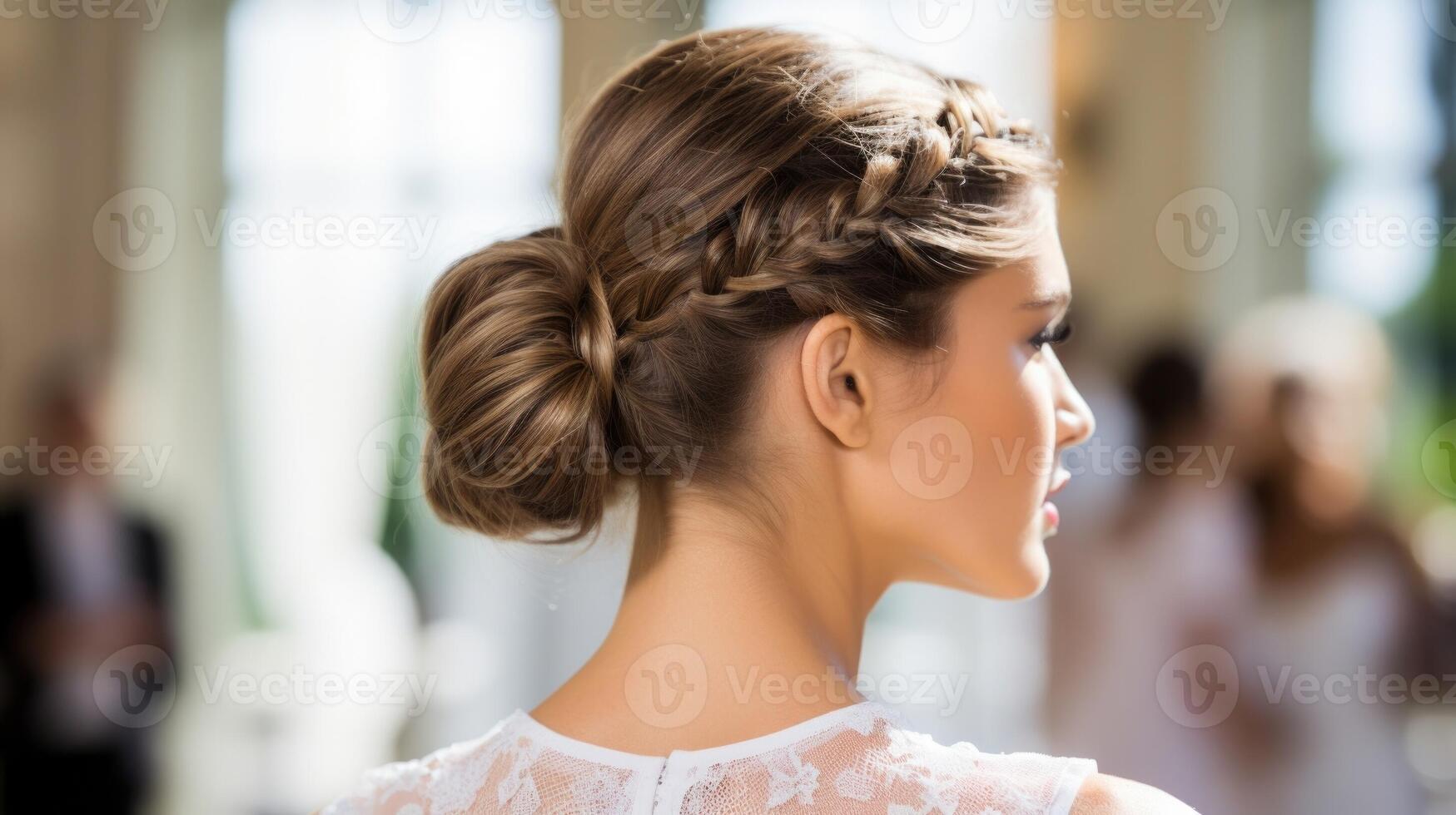 Closeup of a models elegant updo hairstyle, with intricate braids and sleek twists. photo