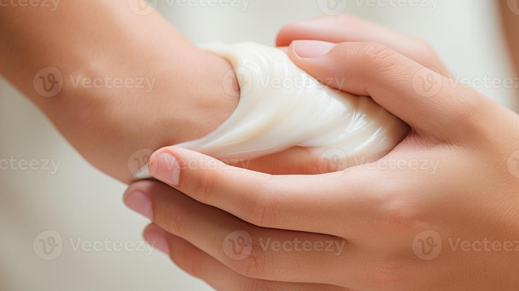 Closeup of a couples intertwined fingers lathered with moisturizing lotion. photo