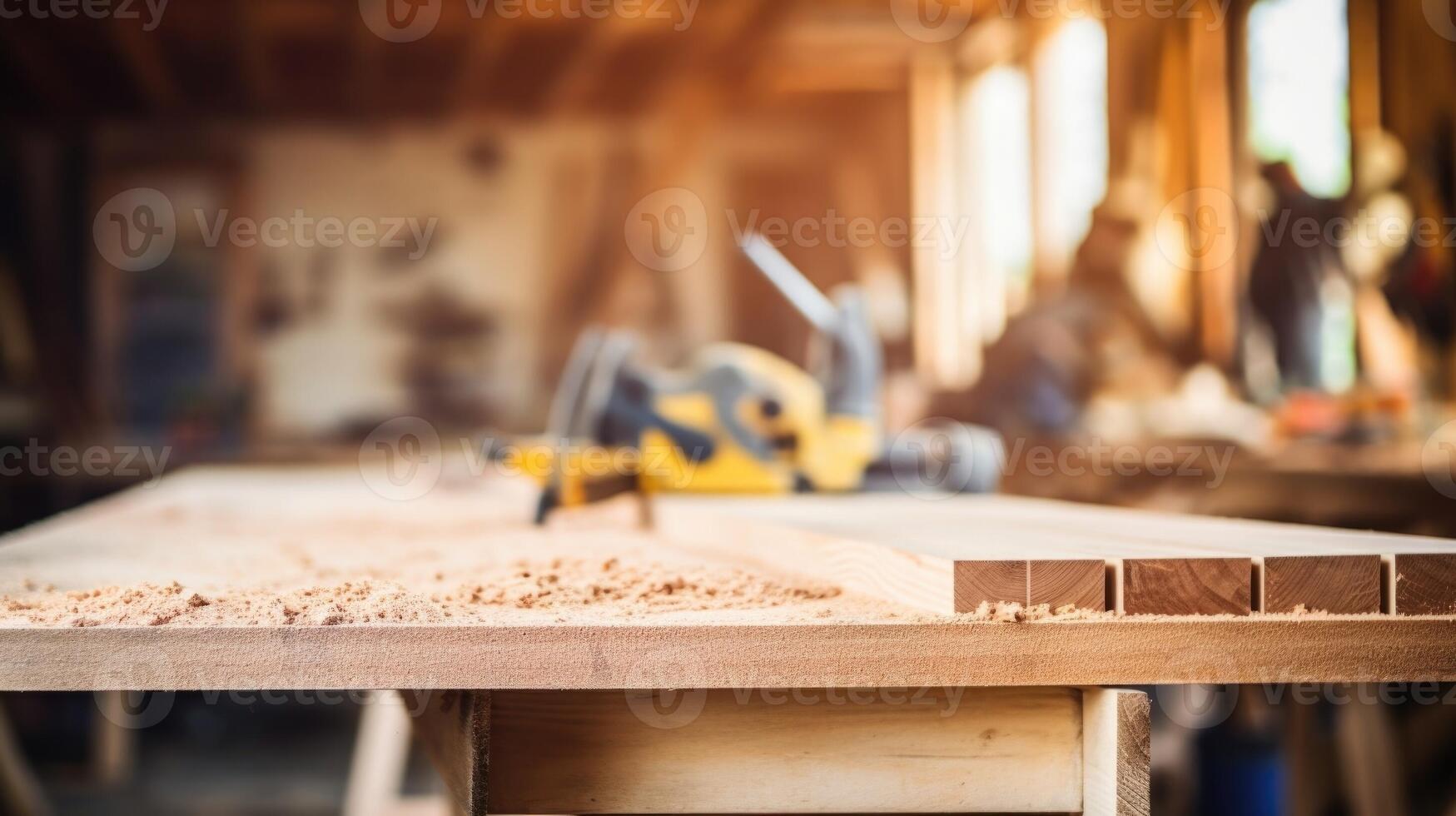 Closeup of a carpenters workbench with various tools neatly arranged and sawdust tered across the surface. photo