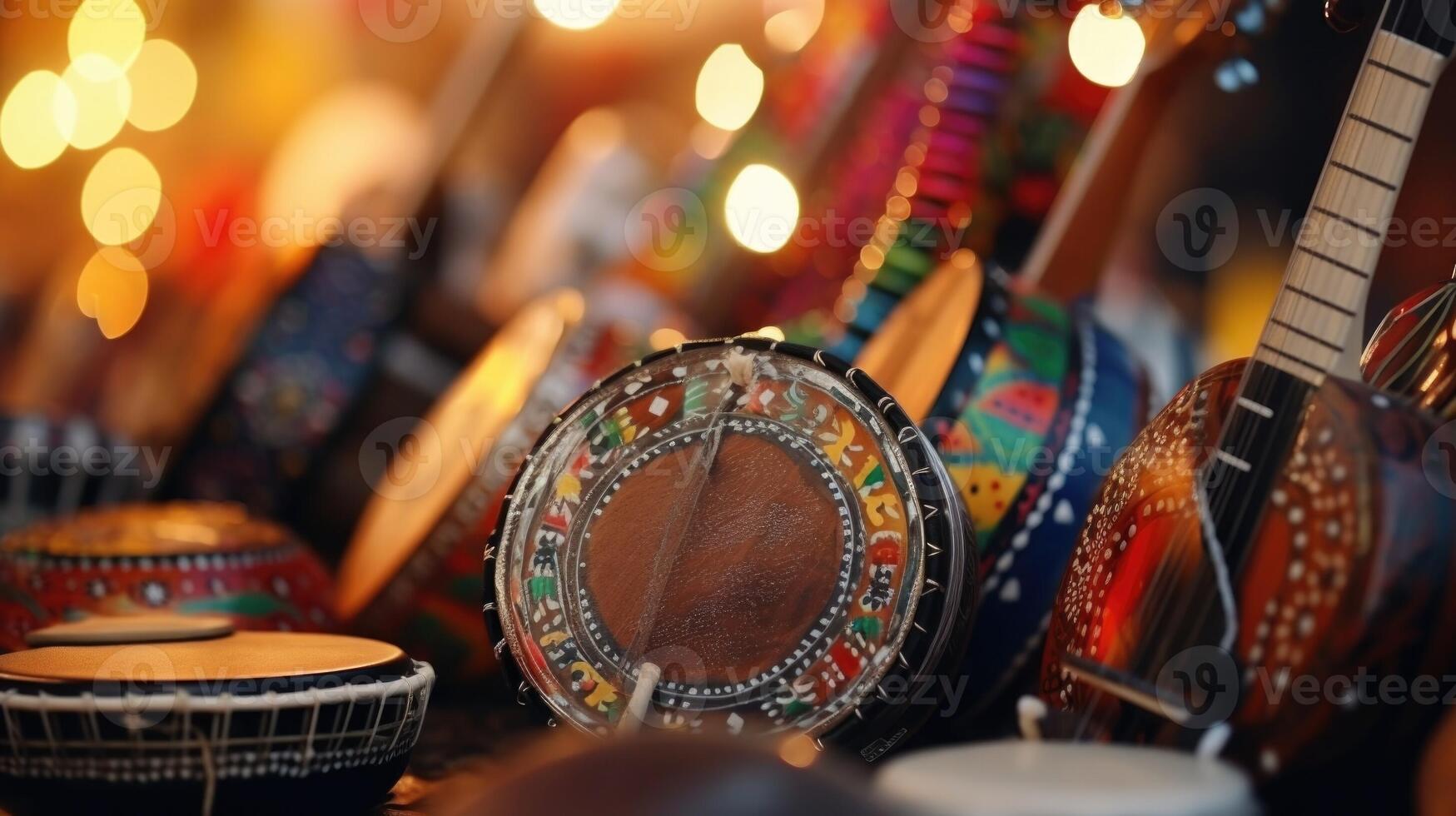 Closeup of a variety of unique musical instruments used in different cultures, signaling the importance of music in cultural diversity. photo