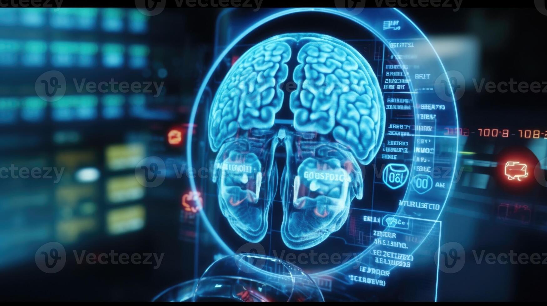 Closeup of a holographic medical display highlighting key areas of a digital brain scan. photo