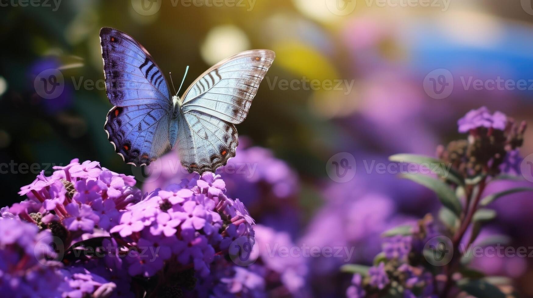 Closeup of a erfly perched on a purple erfly bush in an urban garden. photo