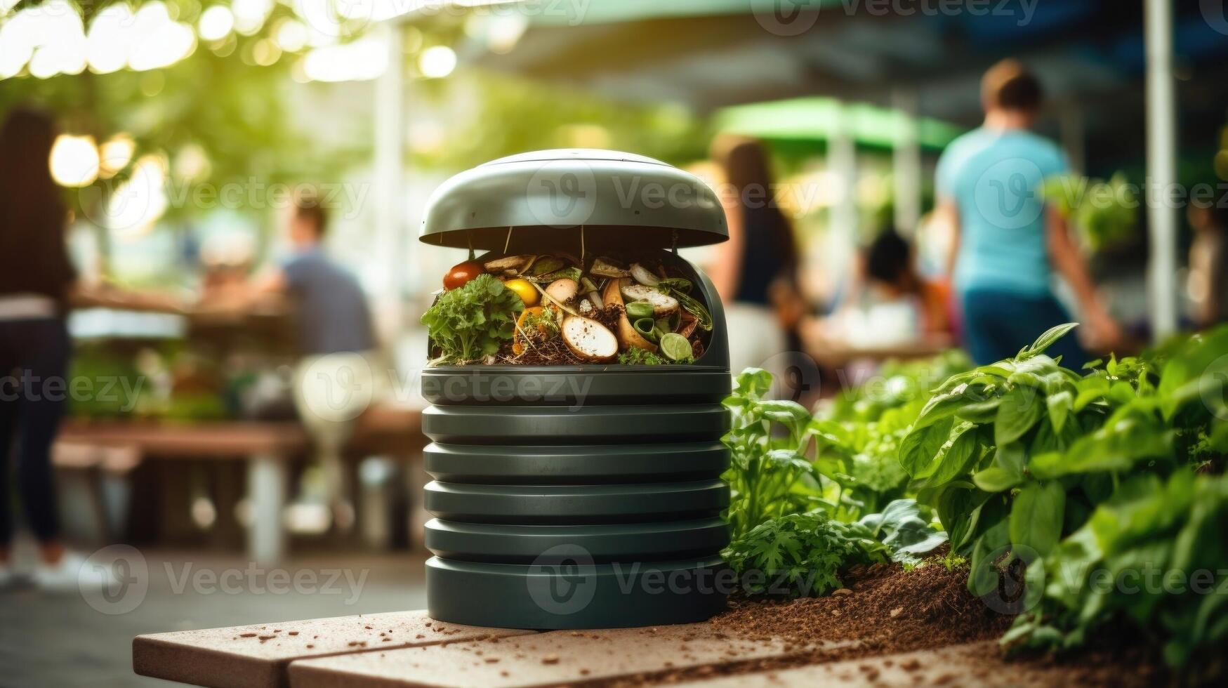 Closeup of a compact and efficient compost bin, promoting sustainable waste management in the city. photo