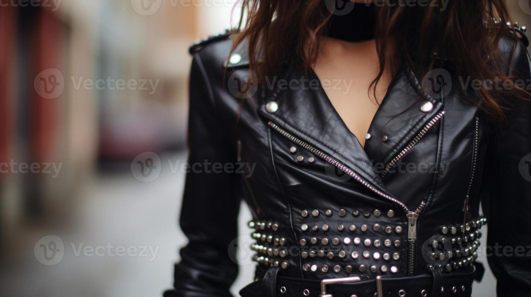 Closeup of a fringetrimmed leather jacket and edgy studded belt on a trendy fashionista, adding an element of rebelliousness to their street style look. photo