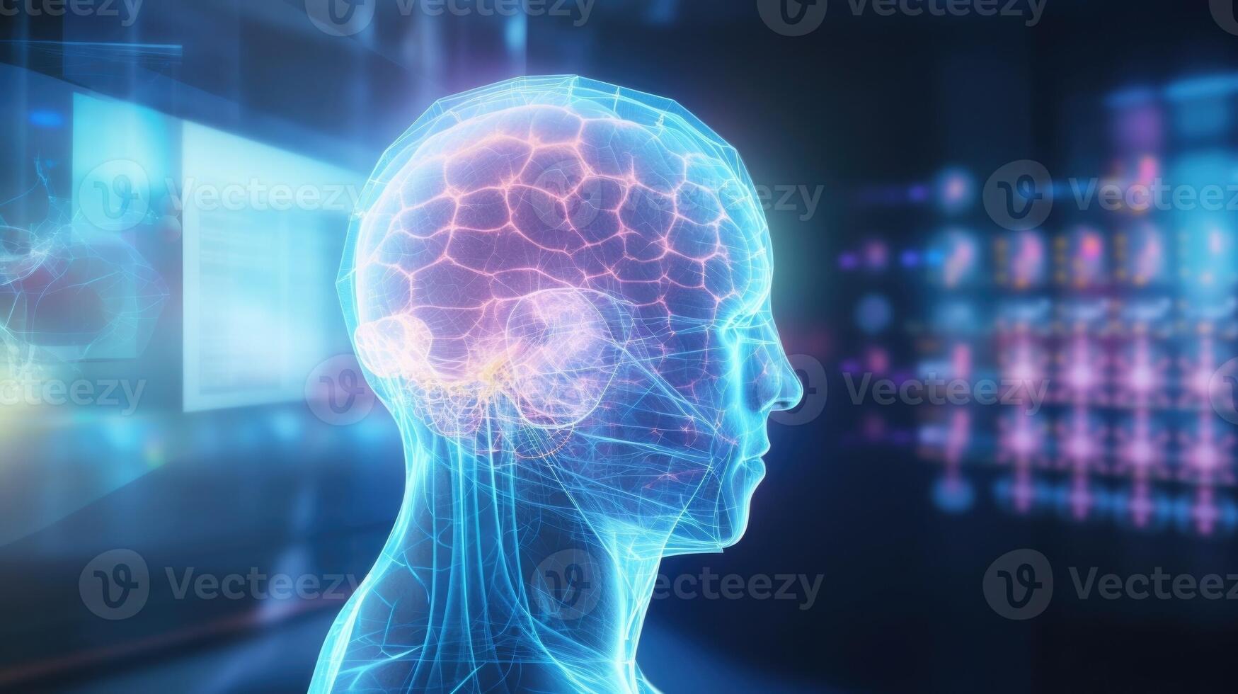 Detailed closeup of a holographic medical display displaying a 3D visualization of a patients tumor. photo