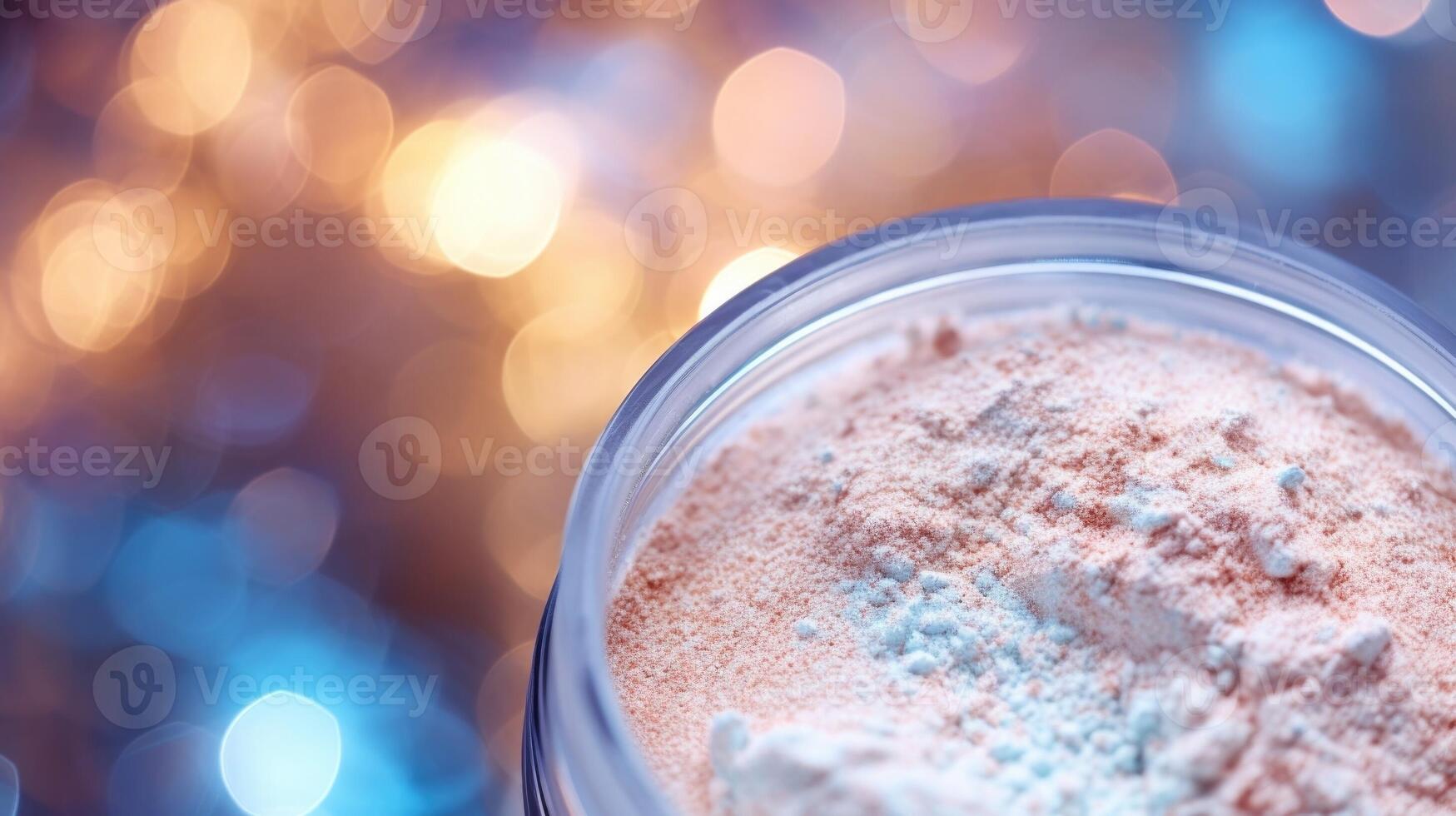 Closeup of a highlighting powder, giving off an ethereal glow, inspired by the glistening mermaids in Pirates of the Caribbean. photo