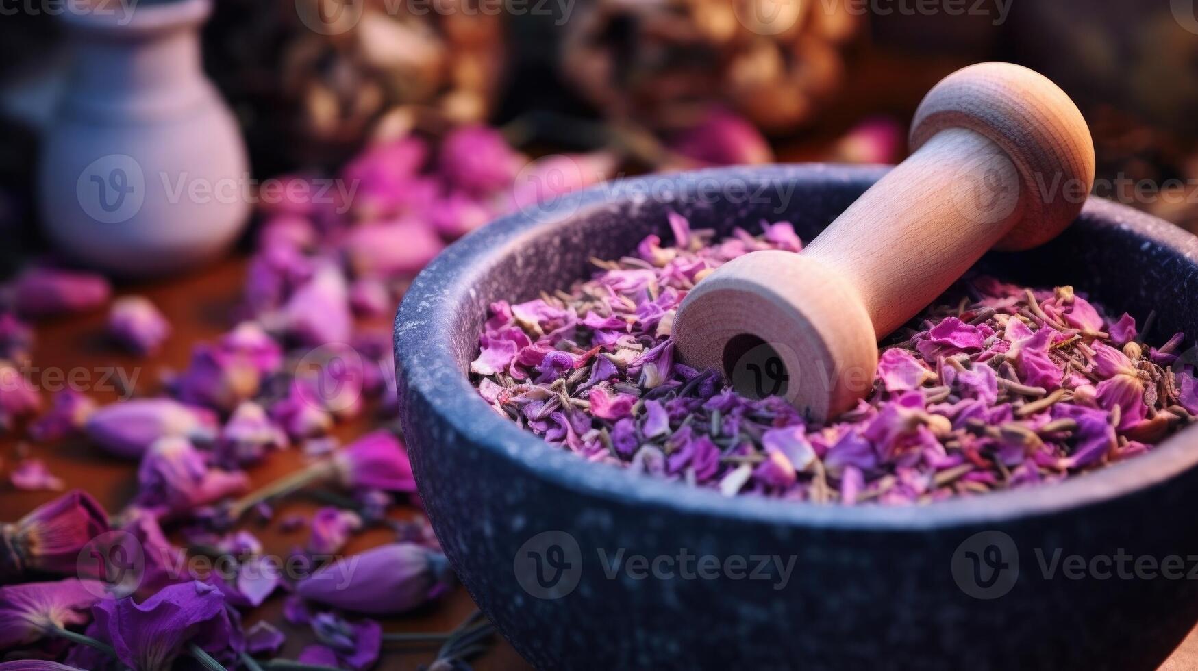 Closeup of a mortar and pestle crushing dried rose petals and lavender buds for a DIY facial toner. photo