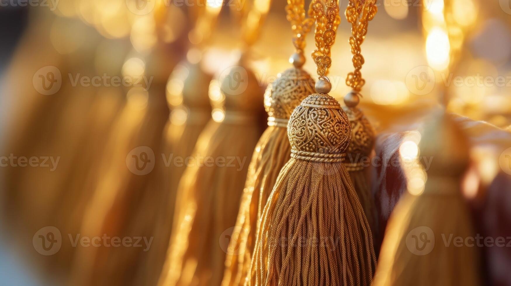 Closeup of ornate gold tassels on a Moroccan caftan. photo